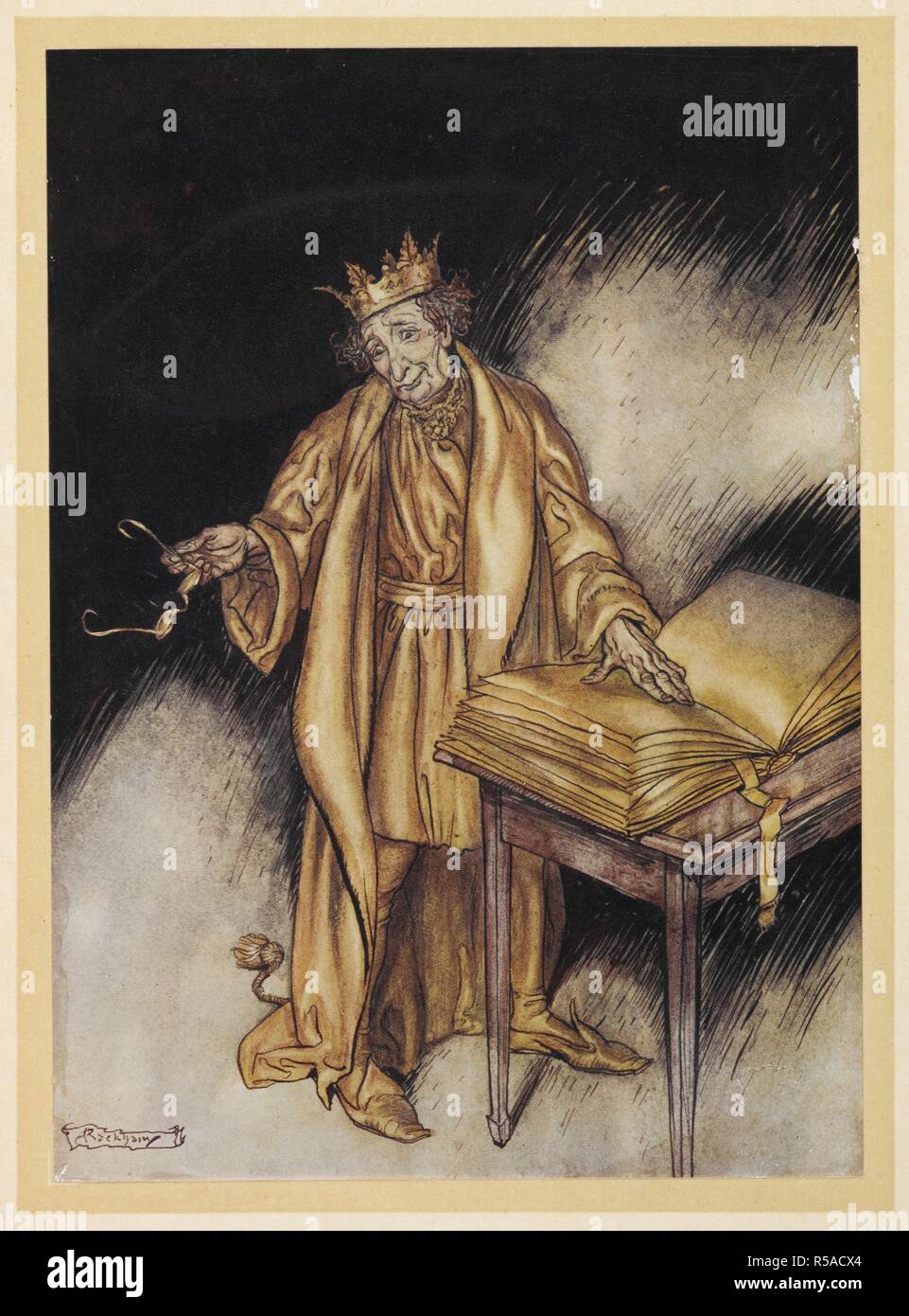 Re Mida girando un libro di oro da Golden Touch. Hawthorne's Wonder libro...illustrato da Arthur Rackham. London : Hodder & Stoughton, [1922]. "Ha colpito Midas quanto piuttosto scomodo.". Fonte: 04504.h.24 rivolta p.48. Autore: RACKHAM, Arthur. HAWTHORNE, NATHANIEL. Foto Stock