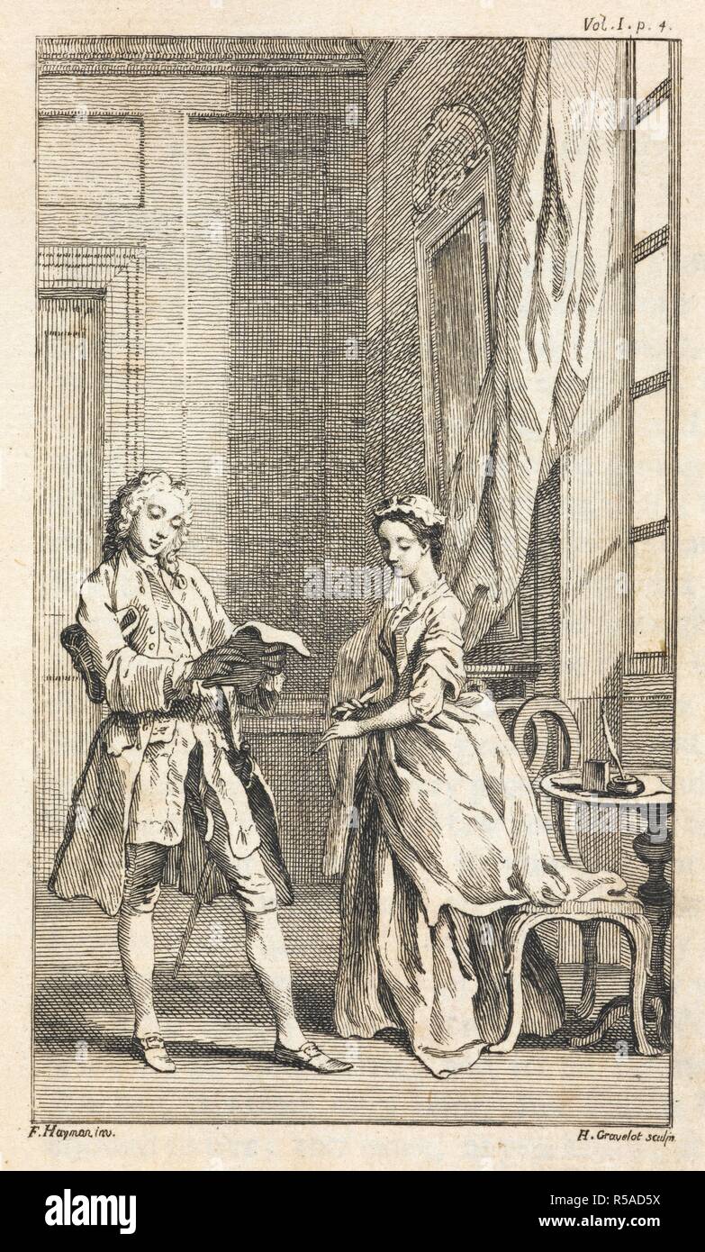 Illustrazione di 'Pamela: o, virtù premiata.". Pamela: o, virtù premiata. In una serie di lettere da una giovane e bella fanciulla ai suoi genitori: e successivamente nella sua condizione esaltato, tra lei e le persone della figura e la qualità ... In quattro volumi ... La sesta edizione, corretta. E impreziosiscono'd con piastre di rame, design'd e engrav'd dal sig. Hayman, e il sig. Gravelot, ecc. S. Richardson : Londra, 1742. Fonte: 1457.ES.14 vol.1, piastra opposta a pagina 4. Autore: Richardson Samuel. Foto Stock