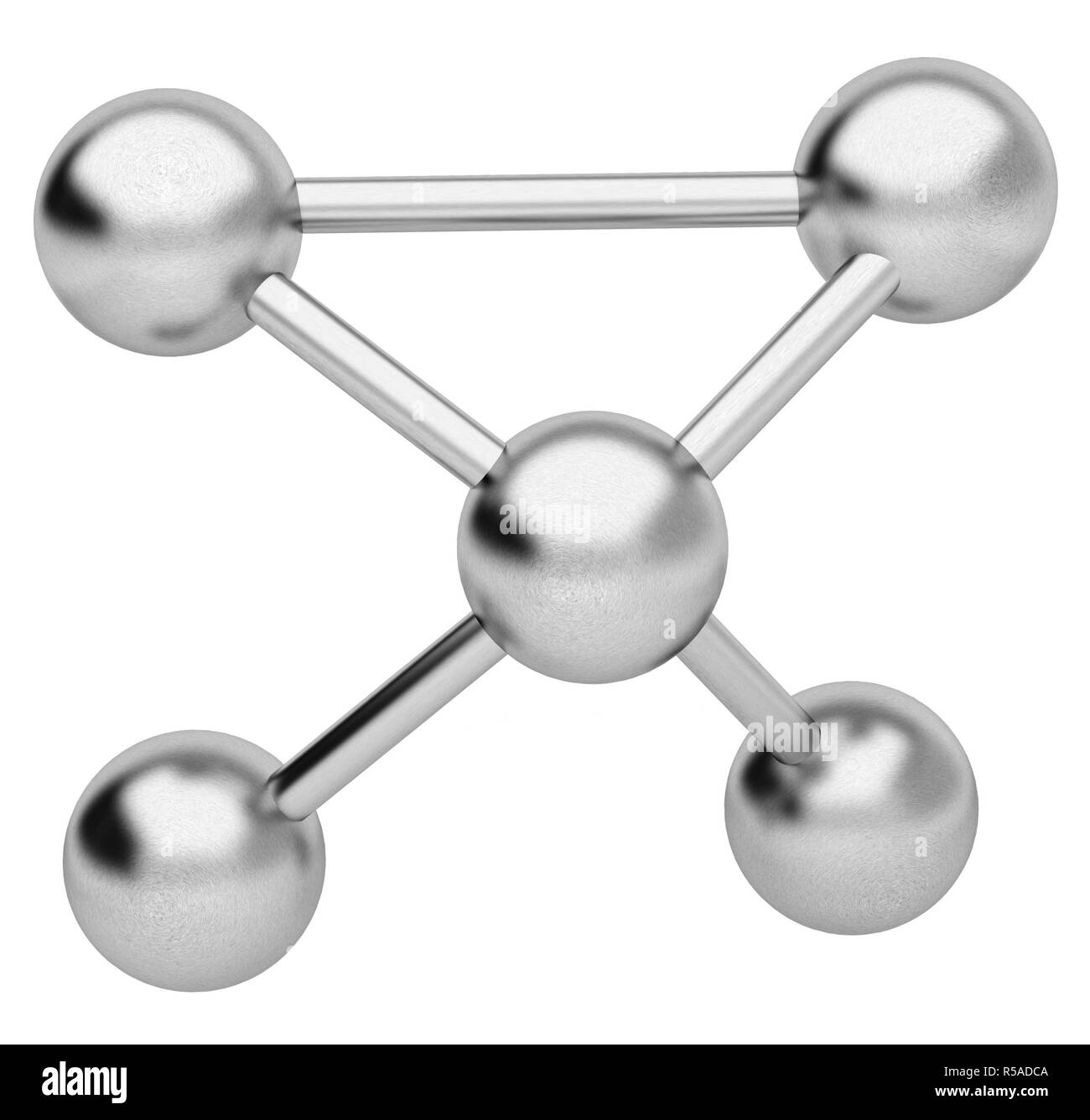 Il rendering 3d'illustrazione. Cromo lucido modello di molecola concetto astratto. Forma molecolare isolati su sfondo bianco. Foto Stock