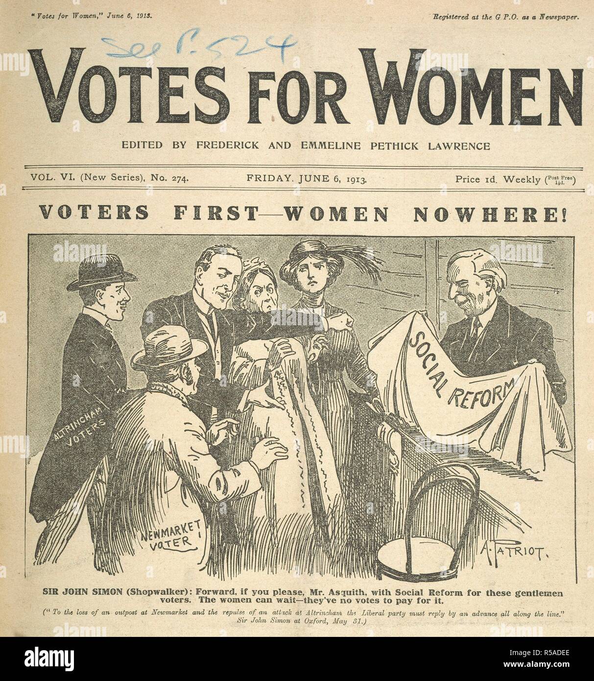 Sir John Simon. Voti per le donne. Londra, giugno 6, 1913. Sir John Simon (shopwalker): Avanti, se si prega, il sig. Asquith, alla riforma sociale per questi signori elettori. Le donne possono attendere- hanno nessun voto a pagare per essa". Immagine presa da voti per le donne. Originariamente pubblicato/prodotto in Londra, giugno 6, 1913. . Fonte: Colindale, volume VI no.274. Lingua: Inglese. Foto Stock