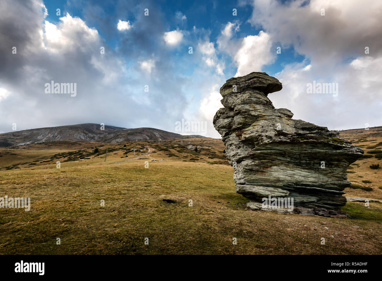 Sar Montagne - Sar Planina, Macedonia formazione di roccia e paesaggio erboso sotto un cielo nuvoloso Foto Stock