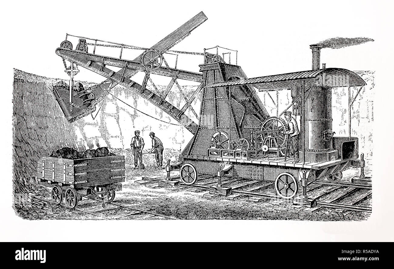 Macchina di scavo, escavatore escavatore per l estrazione di oro-cuscinetto rock, storico xilografia l'estrazione dell'oro 1890 Foto Stock