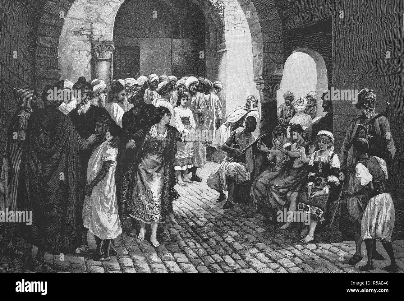 Mercato di schiavi, spagnolo e italiano di prigionieri sono venduti dai corsari, xilografia, 1888, Spagna Foto Stock