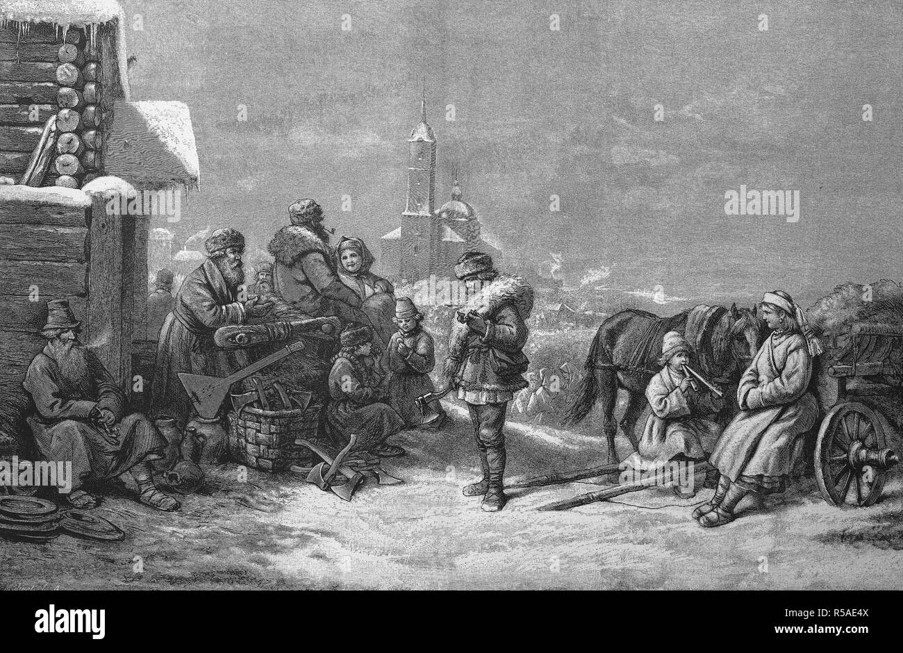 Parco di divertimenti mercato a Jelna, d'inverno. Scena di mercato con gli operatori e i clienti, xilografia, 1888, Russia Foto Stock