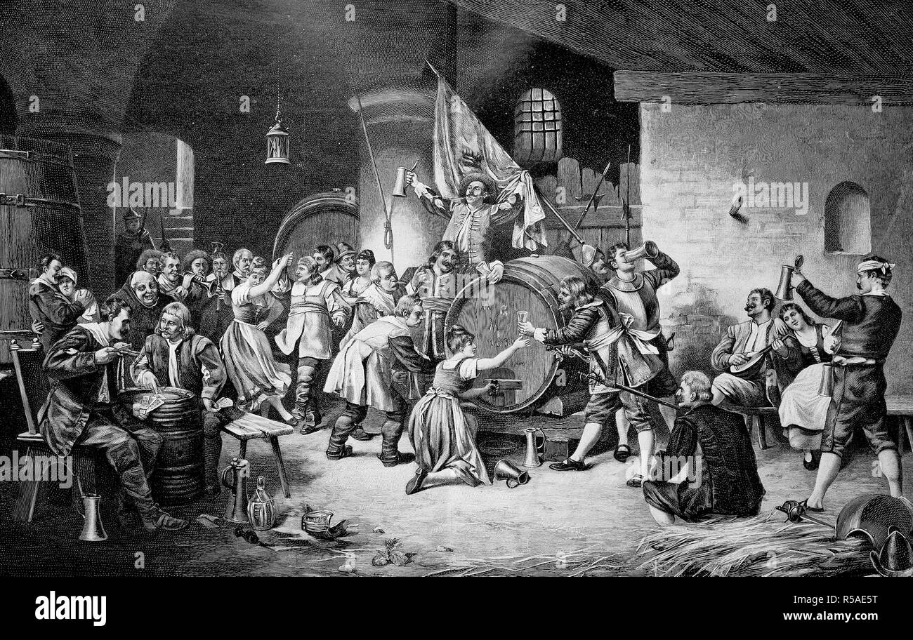 Landsknechte, soldati, celebrare in una locanda con una grande botte di vino, xilografia, 1885, Germania Foto Stock