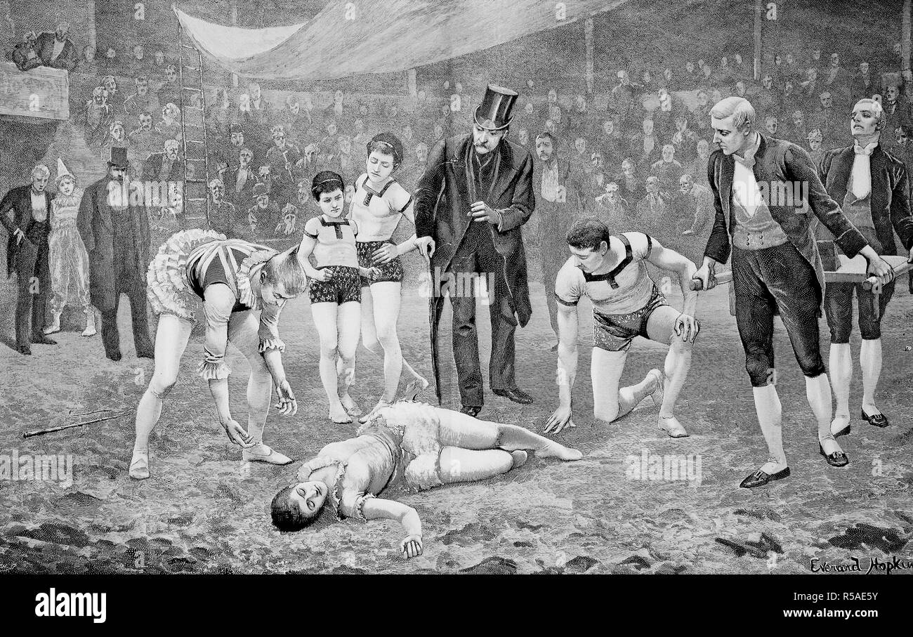 Una tragedia di circo, un artista ha schiantato e giace ferito a terra, xilografia, 1885, Inghilterra Foto Stock