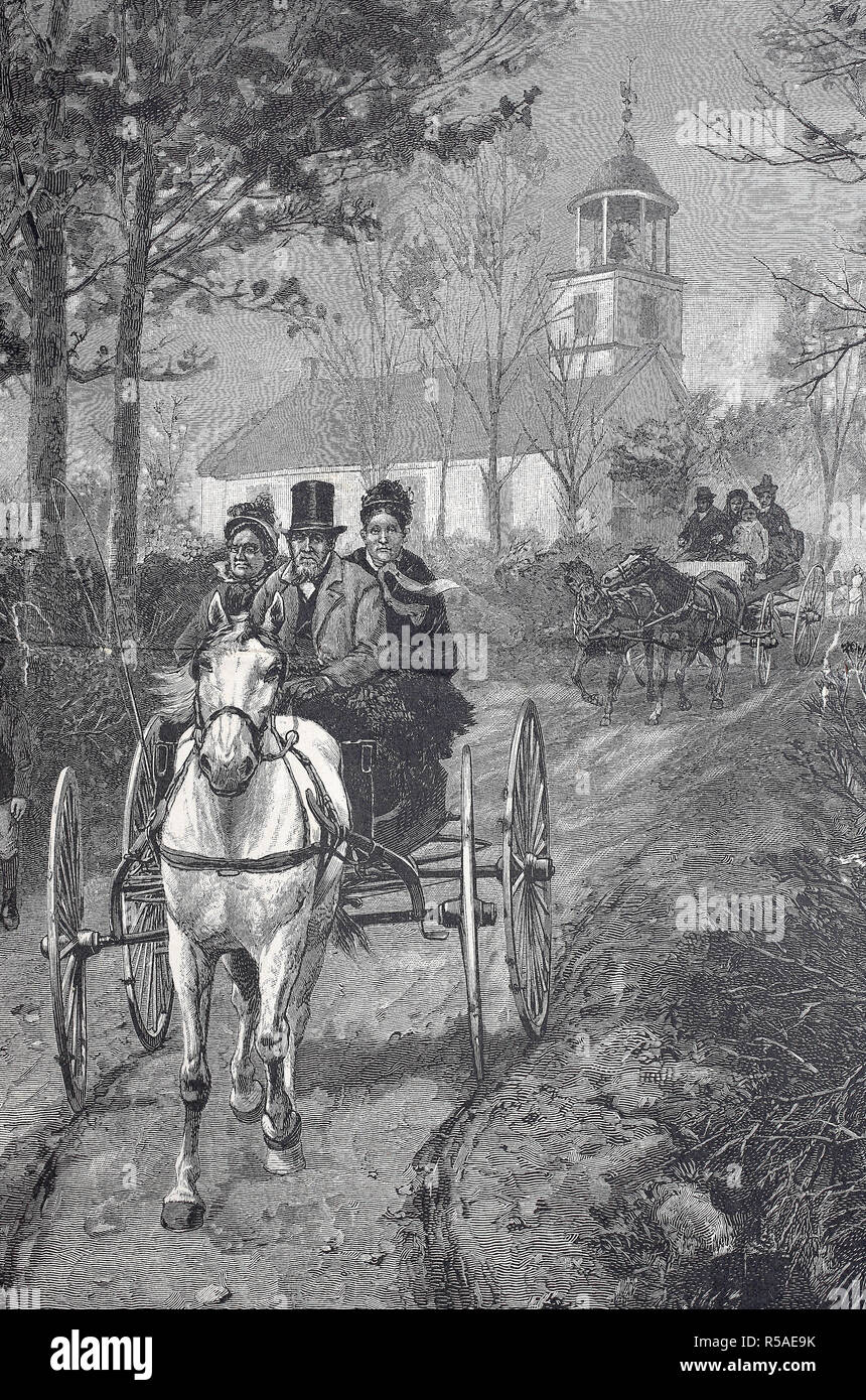 American Farmer famiglia sulla casa in auto con la carrozza trainata da cavalli dopo aver visitato la chiesa, xilografia, 1885, STATI UNITI D'AMERICA Foto Stock