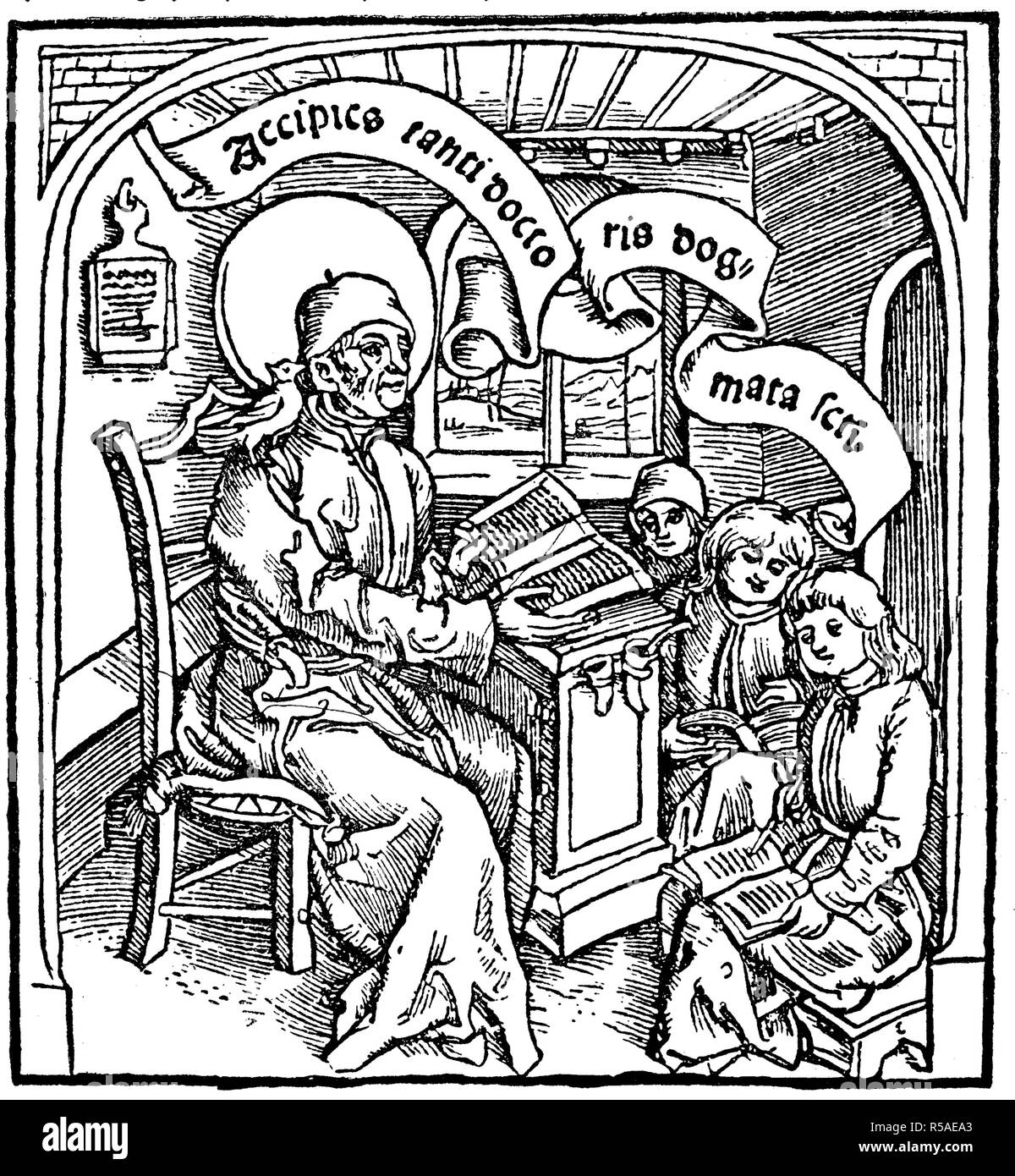 Papa san Gregorio I., Gregorius I., 540, 604, San Gregorio il Grande come un insegnante, xilografia, Italia Foto Stock