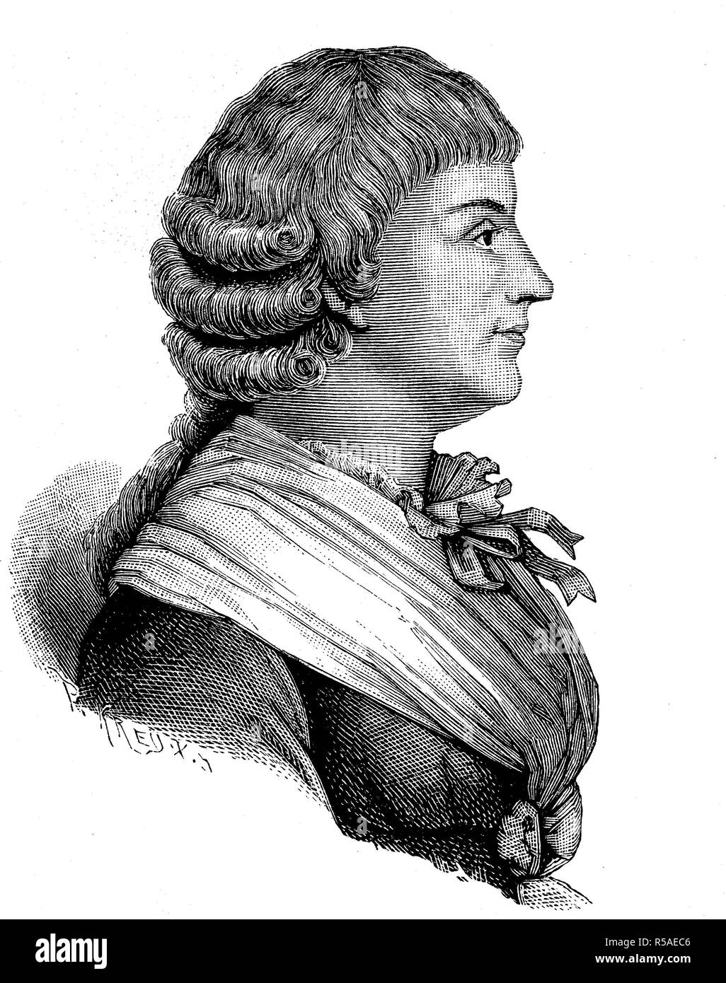 Ritratto di Jeanne-Marie Roland de La Platiere, Madame Roland, Marzo 17, 1754, 8 novembre 1793, la rivoluzione francese, xilografia Foto Stock