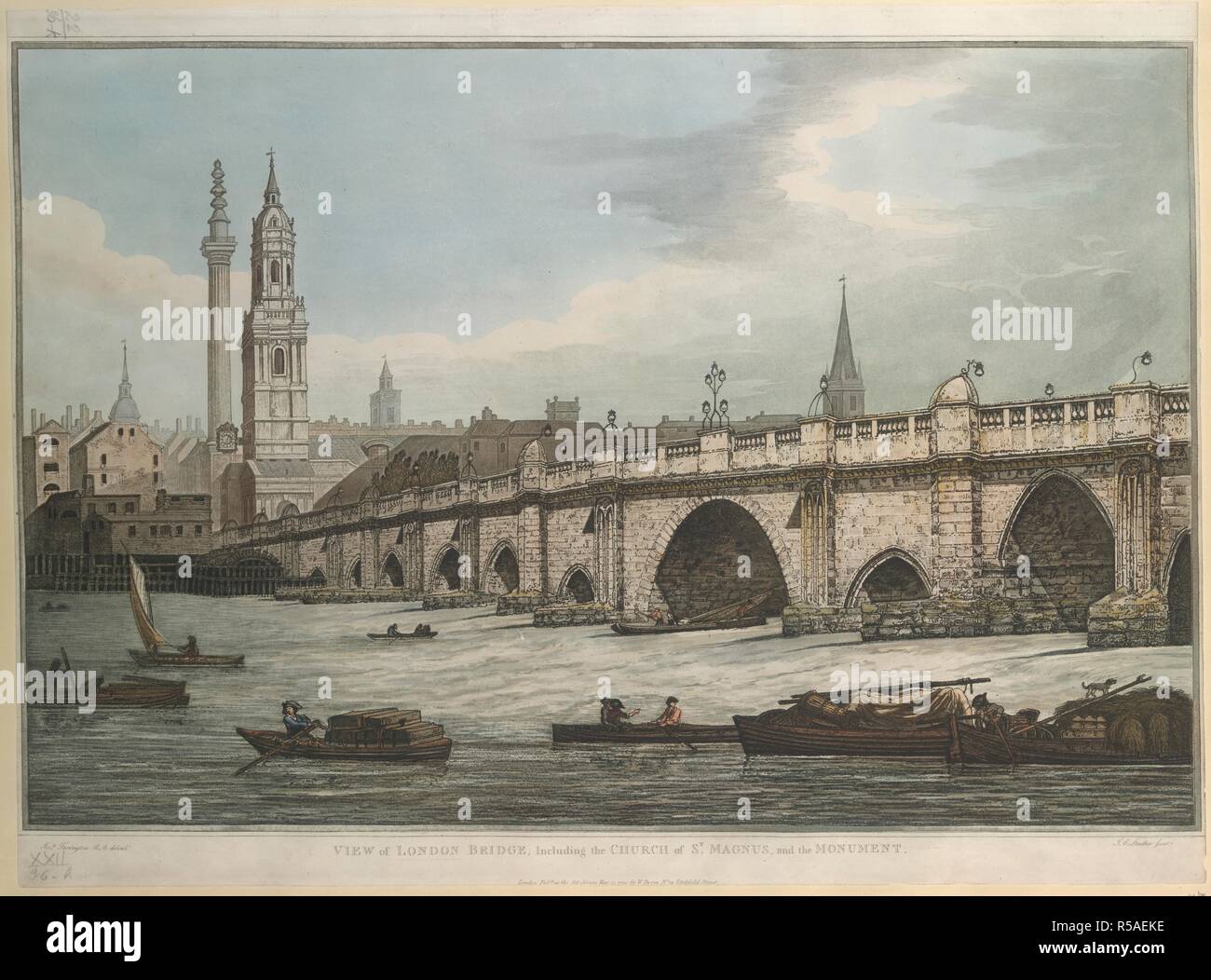 Vista del Ponte di Londra, con il monumento e la chiesa di St Magnus. Il lato ovest del ponte di Londra. Il lato est del London Bridge. Sutton Nicholls fecit. Una descrizione storica del grande e mirabile ponte della città di Londra sul Tamigi... Londres: Joseph Smith, 1724-1729. Fonte: maps.K.Top.22.36.k. Lingua: Inglese. Autore: Stadler, Joseph C. Farington, I. Foto Stock