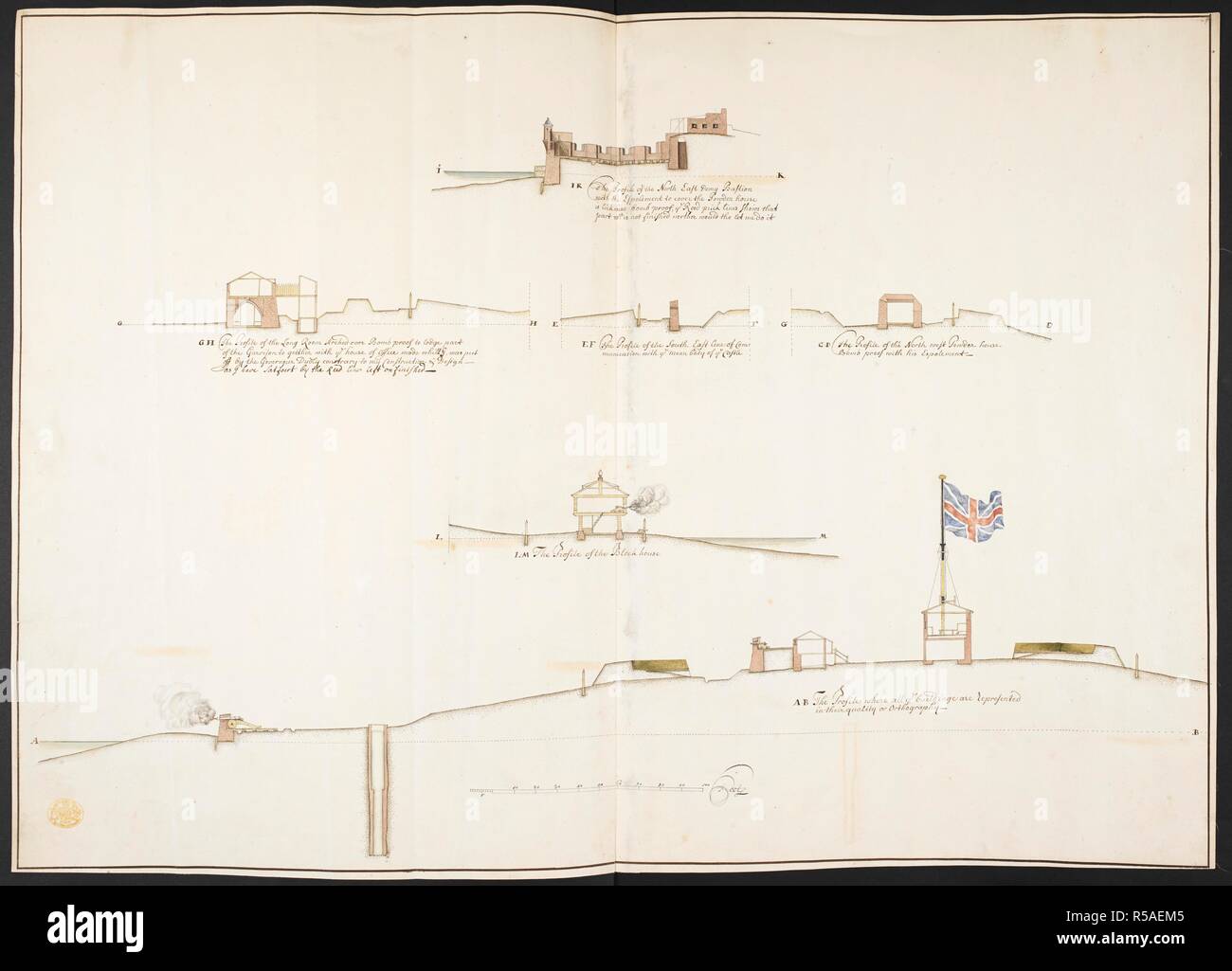Sei sezioni di differenti parti del castello isola disposte in quattro righe, con il nord-est bastion sopra, a prova di bomba caserma, a sud-est di passaggio e a prova di bomba polvere sotto casa, un cannone sparato da blocco-casa di fronte al mare, e la bandiera britannica volare sopra gli edifici visto di profilo da nord a fondo. I rispettivi profili appartenenti alla grande Iconografical bozze di castello isola nella baia di Boston. Tra il 1705 e 1706. Fonte: Mappe K.Top.120.39.b. Lingua: Inglese. Foto Stock