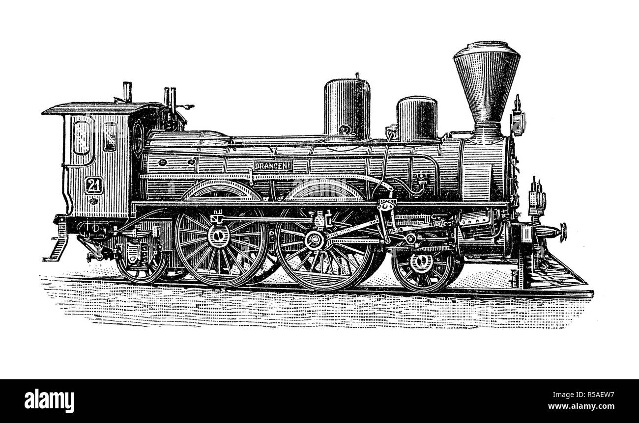 I locomotori del XIX secolo, un motore dalla rete ferroviaria austriaca, xilografia, Austria Foto Stock