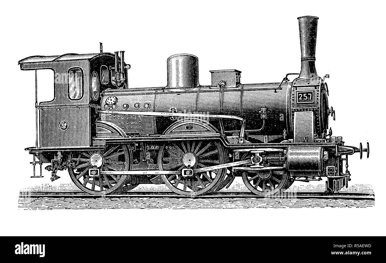 I locomotori da xix secolo, passeggero locomotiva del treno di la Prussia ferrovie dello stato, xilografia, Germania Foto Stock