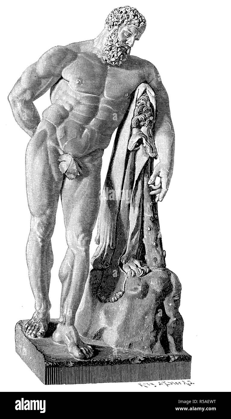 Heracles, eroe divina nella mitologia greca, antica statua in marmo in Napoli, xilografia, 1888, Italia Foto Stock