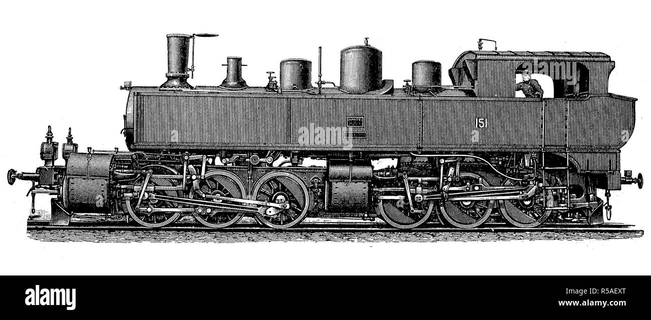 I locomotori da xix secolo, Duplex Compoundlocomotive della linea ferroviaria del San Gottardo, xilografia, Svizzera Foto Stock