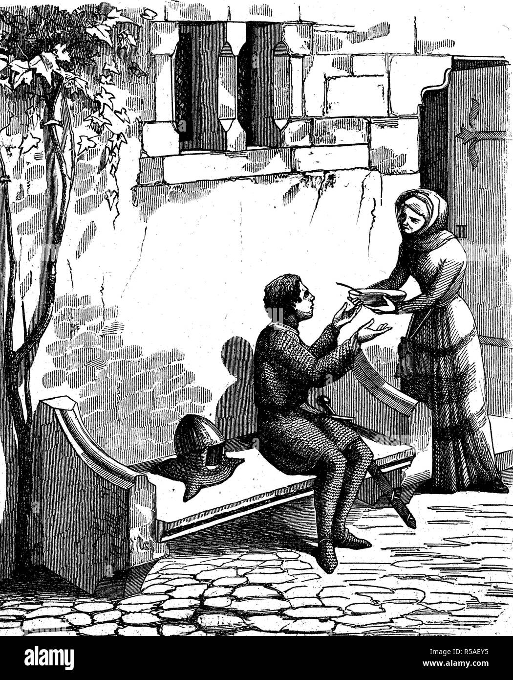 Un cavaliere errante nel Medioevo ottenuto da una donna una ciotola di zuppa, xilografia, 1870, Inghilterra Foto Stock