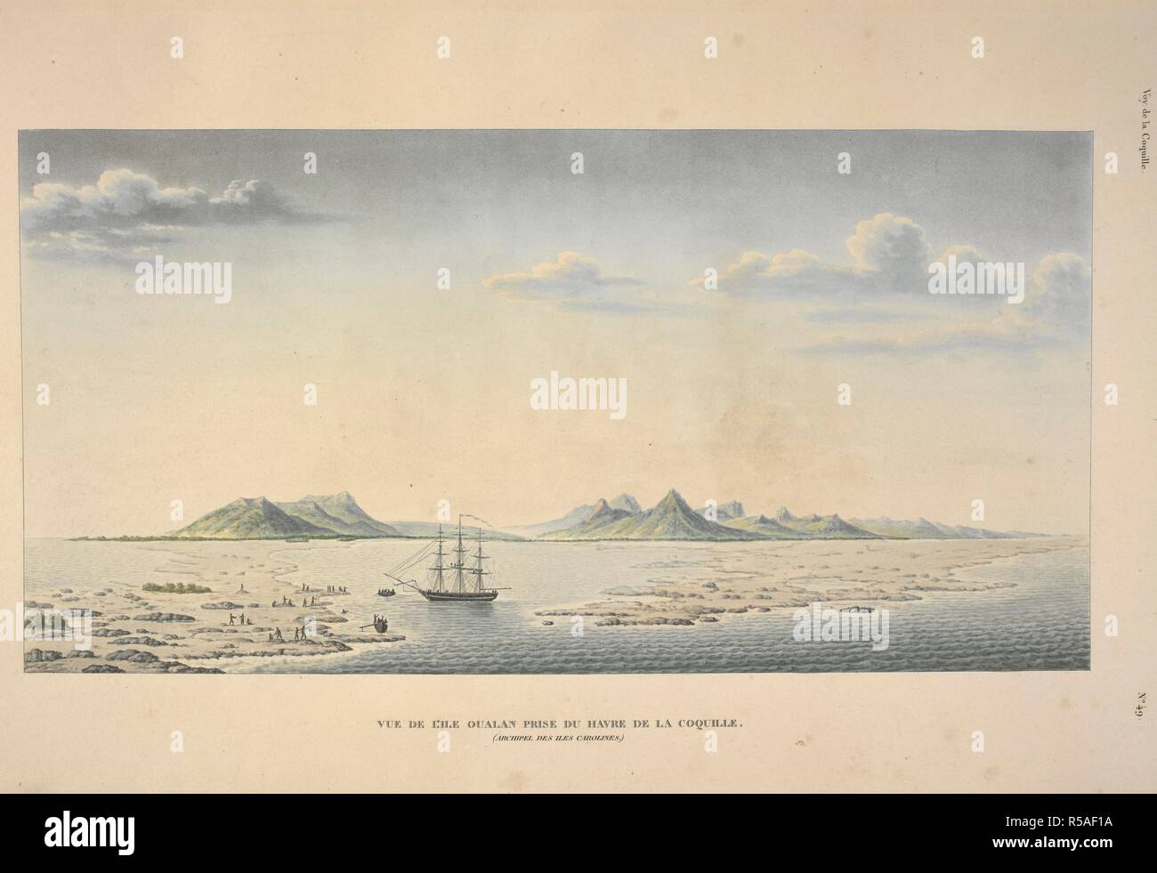 Vue de L'Ile Oualan prise du Havre de la Coquille. (Archipel des iles Caroline.). Voyage autour du monde, exÃ©cutÃ© par ordre du Roi, sur la corvette de Sa MajestÃ© la Coquille, pendant les annÃ©es 1822, 1823, 1824 et 1825, sous le ministÃ¨re de S. E. M. le marquis de Clermont-Tonnerre, et publiÃ© Sous les auspici de Son eccellenza M. le CTE. de Chabrol, ministre de la Marine et des Colonies, par L. I. Duperrey... Capitaine de da frà©gate, commandant de l'expÃ©dition. Histoire Naturelle, zoologie. Atlas. Parigi : Arthus Bertrand, libraire-Ã©diteur..., 1826. Duperrey Louis-Isidore comandò la v Foto Stock