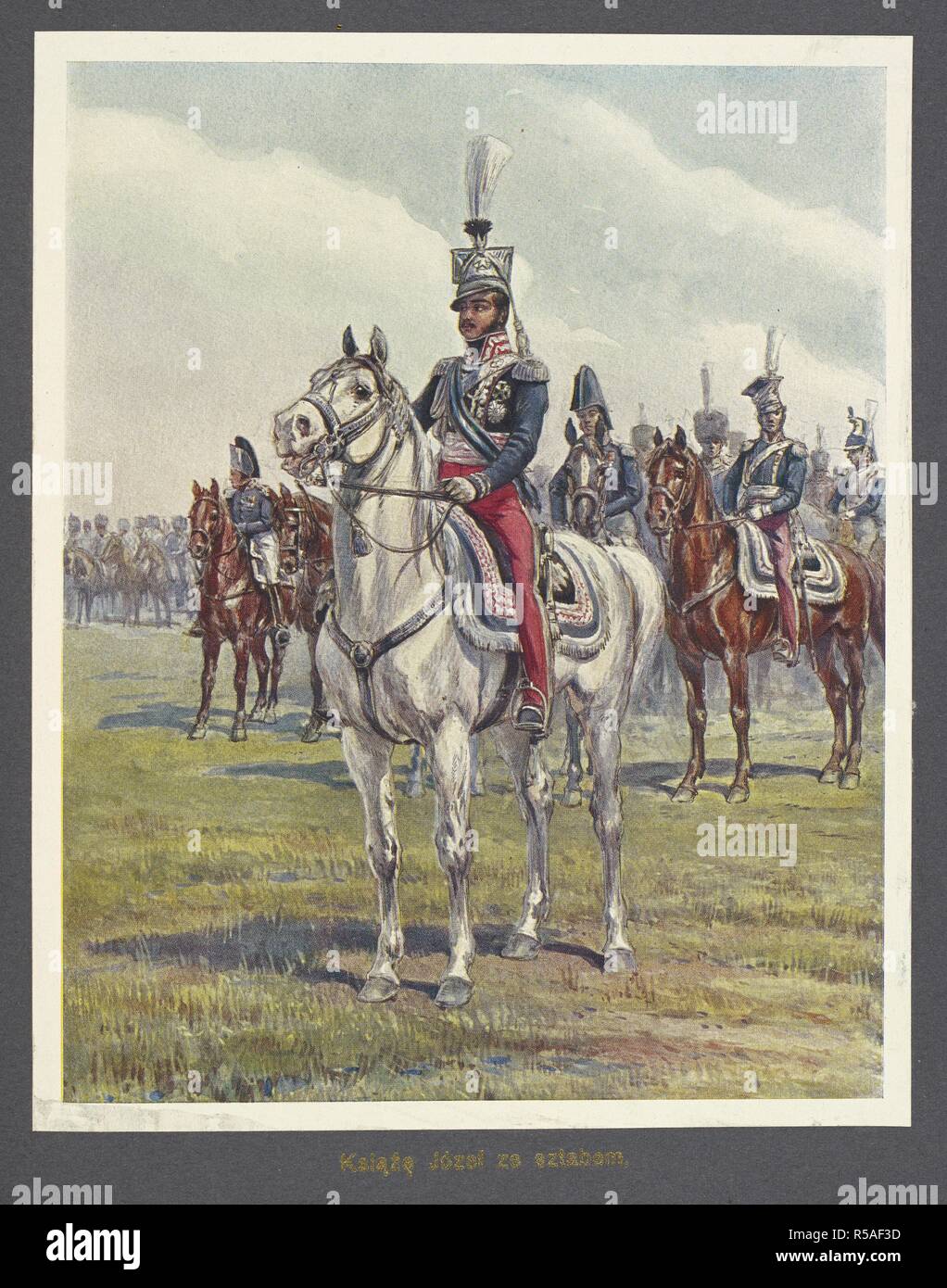 KsiÄ…zÄ™ JÃ³zef ze sztabem'. (Prince JÃ³zef con il suo staff). Il principe JÃ³zef Antoni Poniatowski (7 maggio 1763 â€" 19 ottobre 1813) è stato un leader polacco, generale, ministro della guerra e capo dell'esercito, che divenne un maresciallo francese dell'Impero Napoleonico. KsiÃ³Ä…zÌ‡Ã³Ä™ (JÃ³zef JÃ³zef Prince). Ilustracye kolorowe podÅ'ug obrazÃ³w Br. Gembarzewskiego. [Con piastre, inclusi i ritratti.]. Bytom Affitto, 1913. Fonte: 10797.d.2 piastra opposto pagina 192. Autore: Gembarzewski, Bronislaw. Skalkowski, A. M. Foto Stock