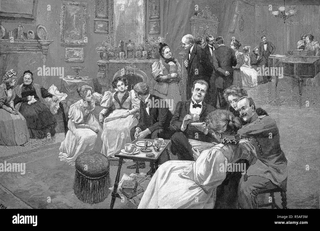 La reception il giorno, uomini e donne di nobile società in occasione di un ricevimento con un nobile, bere il tè, conversazione, xilografia, 1888, Inghilterra Foto Stock
