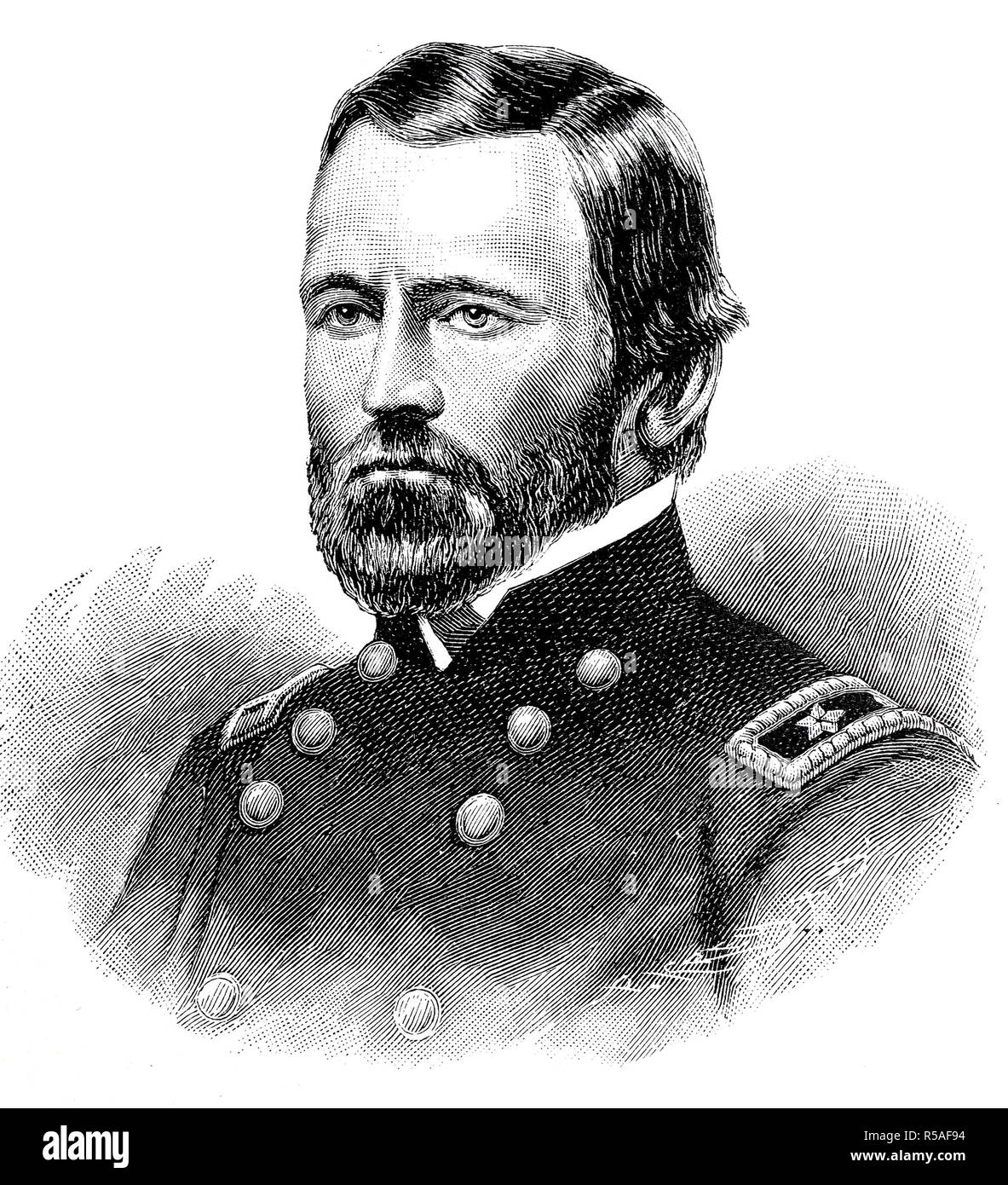 Ulisse S. Grant, 27 aprile 1822, 23 luglio 1885, generale della US Armywoodcut, America Foto Stock
