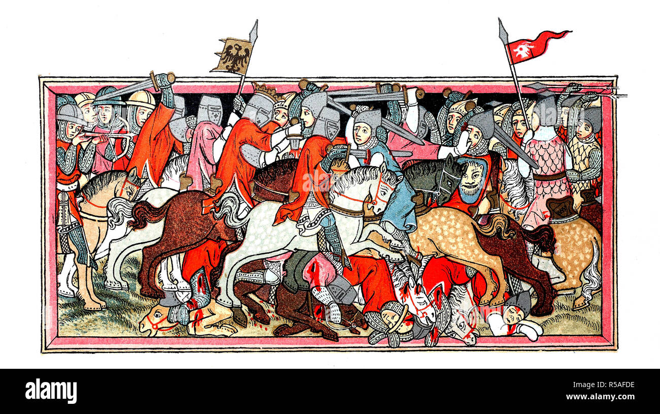 Scena di battaglia dal tempo della Battaglia di MUehldorf, miniatura medievale pittura dal 1334, Germania Foto Stock