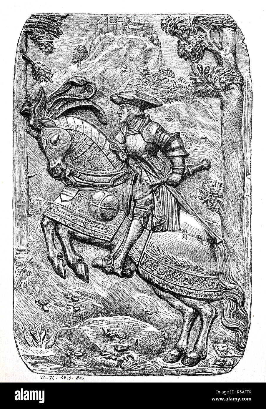 Ferdinando I. Arciduca d'Austria, Marzo 10, 1503, 25 luglio 1564, come un cavaliere in sella di un cavallo, xilografia, Germania Foto Stock