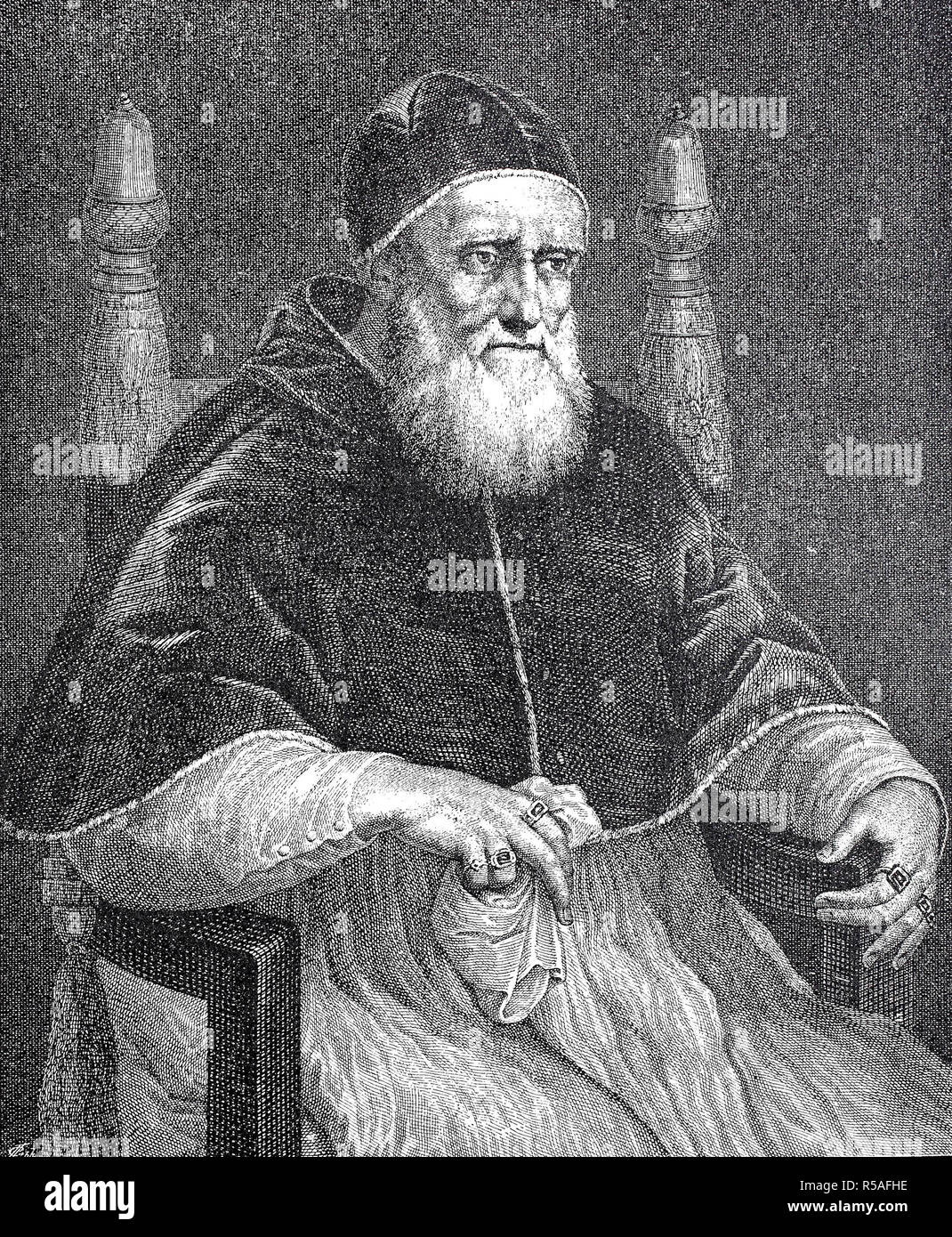 Ritratto di papa Pio II, nato Enea Silvio Piccolomini Bartolomeo, 18 ottobre 1405, 14 agosto 1464, xilografia, Italia Foto Stock