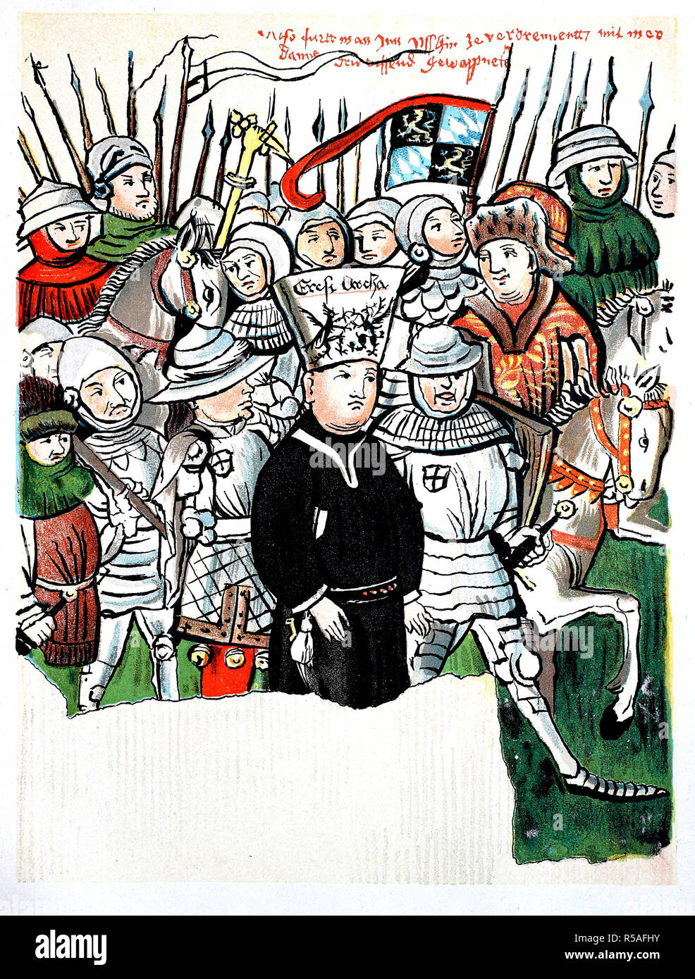 La passeggiata di Jan Hus per il gioco, bohemien teologo cristiano, predicatore e riformatore, bruciato nel luglio 1415 a Costanza al Foto Stock