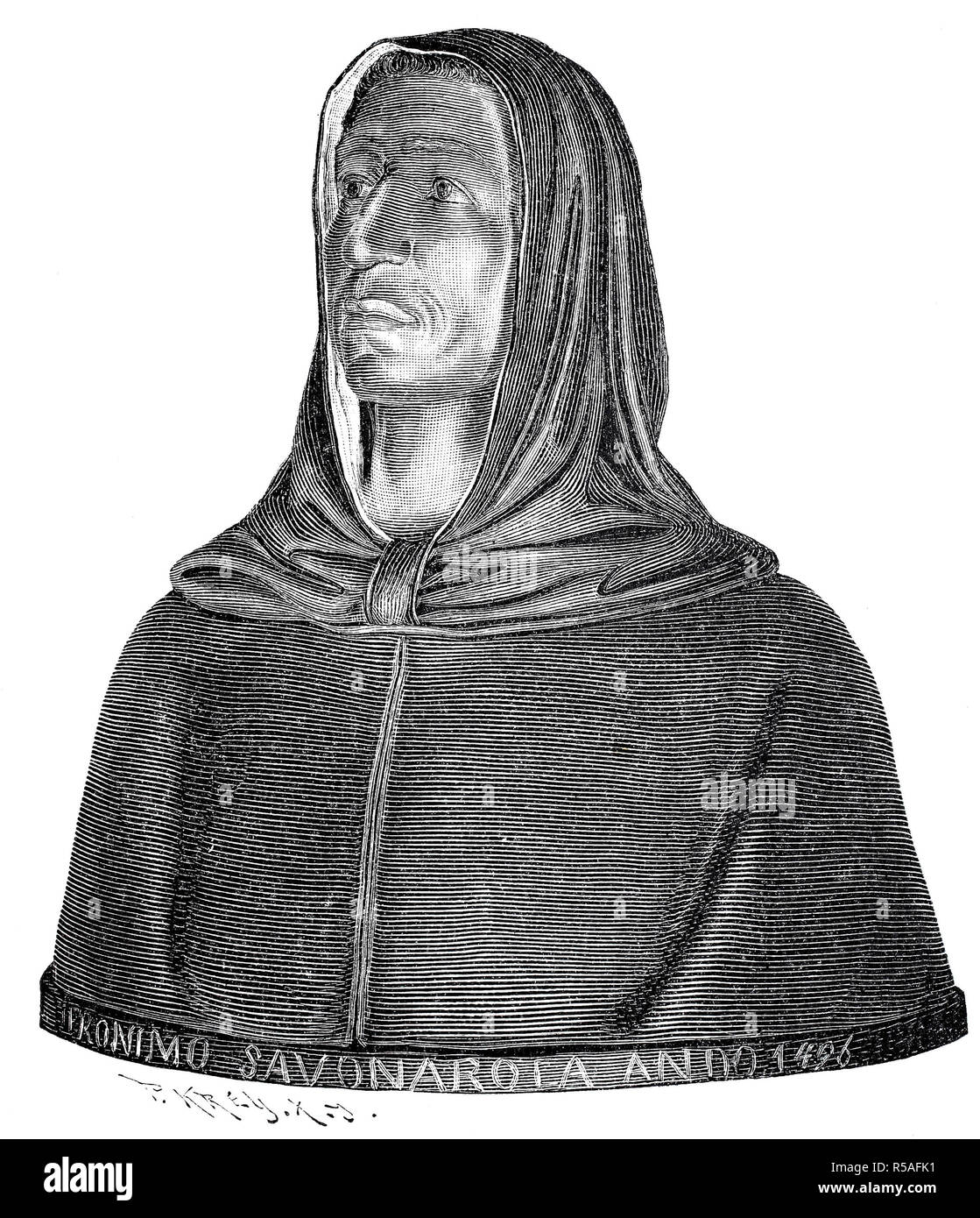 Girolamo Maria Francesco Matteo Savonarola, 21 settembre 1452, 23 maggio 1498, domenicano italiano e predicatore penitenziale, 1880 Foto Stock