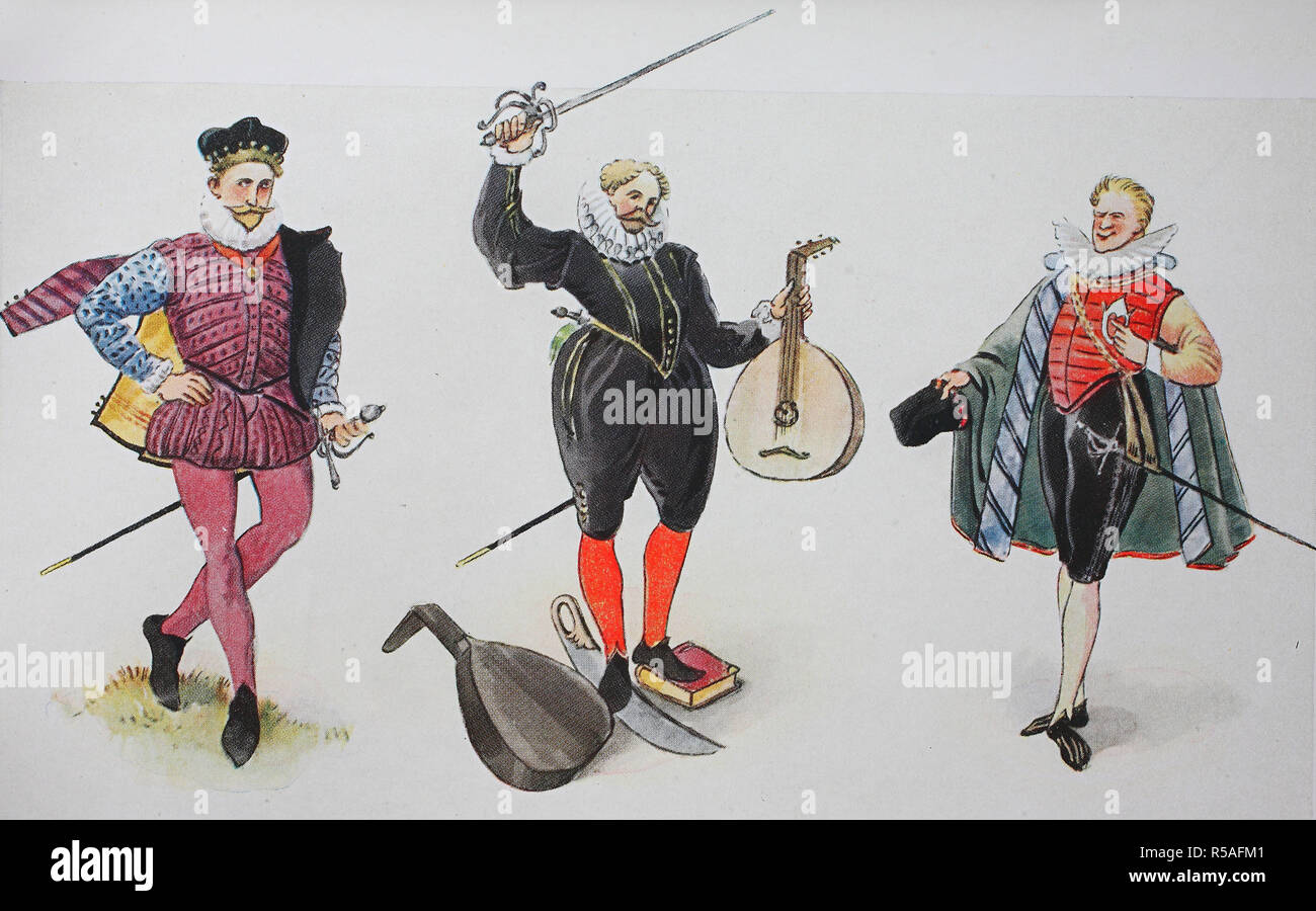 Moda, costumi, vestiti in Germania durante la moda spagnola intorno al 1550-1600, illustrazione, Germania Foto Stock