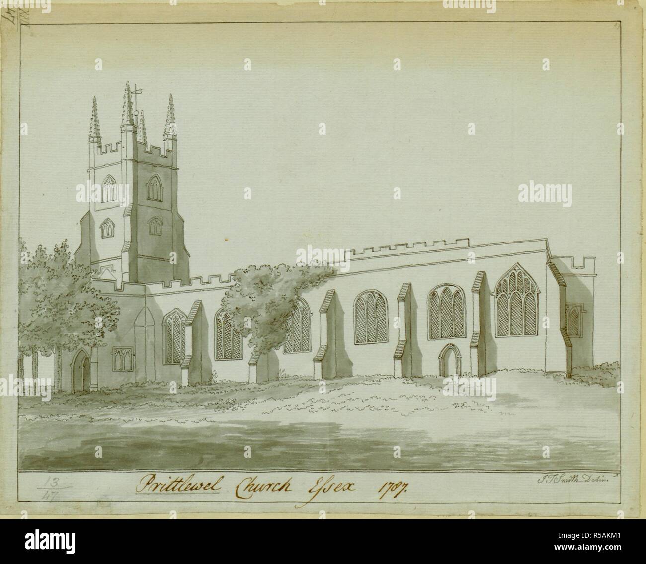 Santa Maria la Chiesa Parrocchiale in Prittlewell, Essex; alberi a sinistra. Chiesa Prittlewel Essex 1787. 1787. Fonte: Mappe K.Top.13.47. Lingua: Inglese. Autore: SMITH, Giovanni Tommaso. Foto Stock