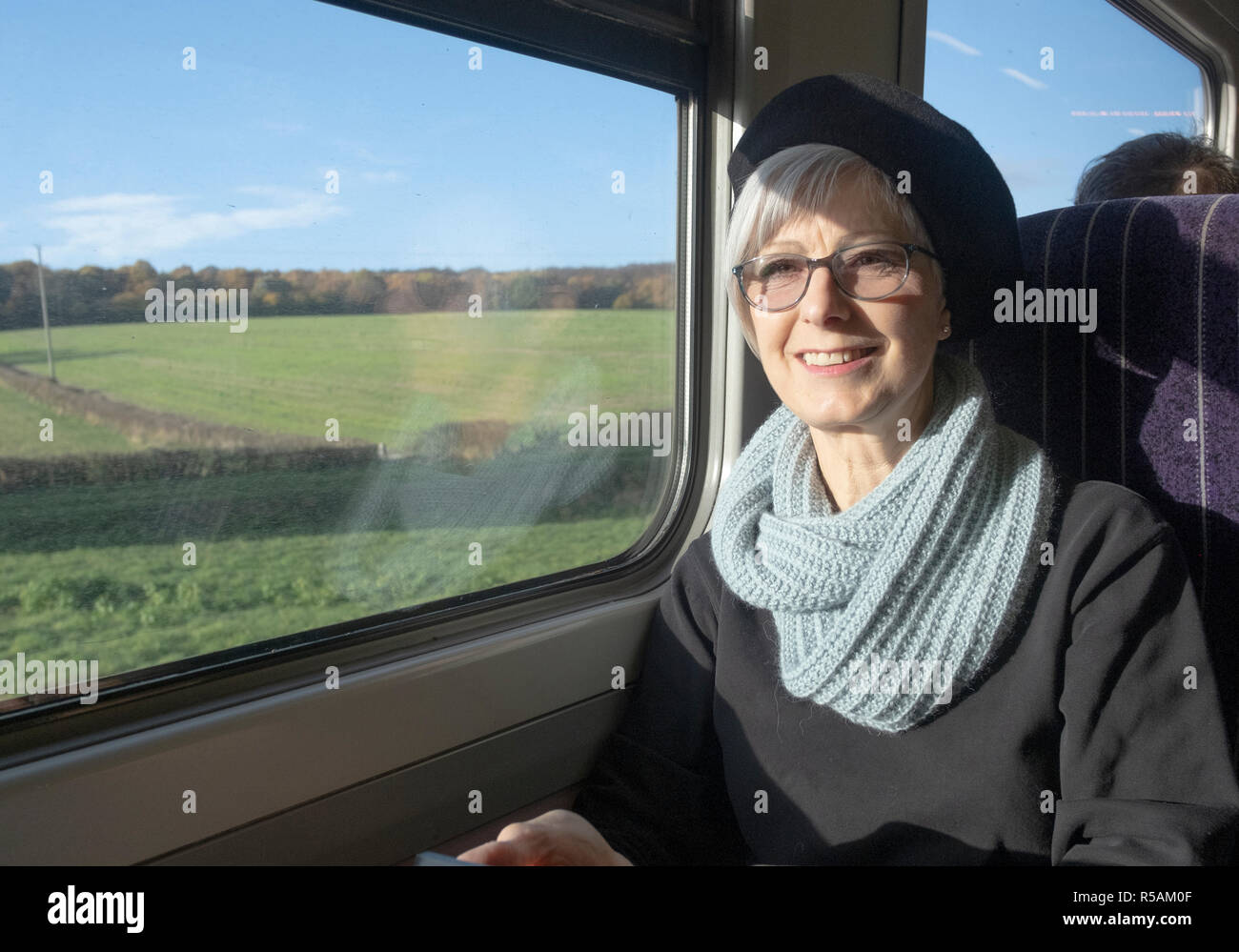 Senior donna su un treno Foto Stock
