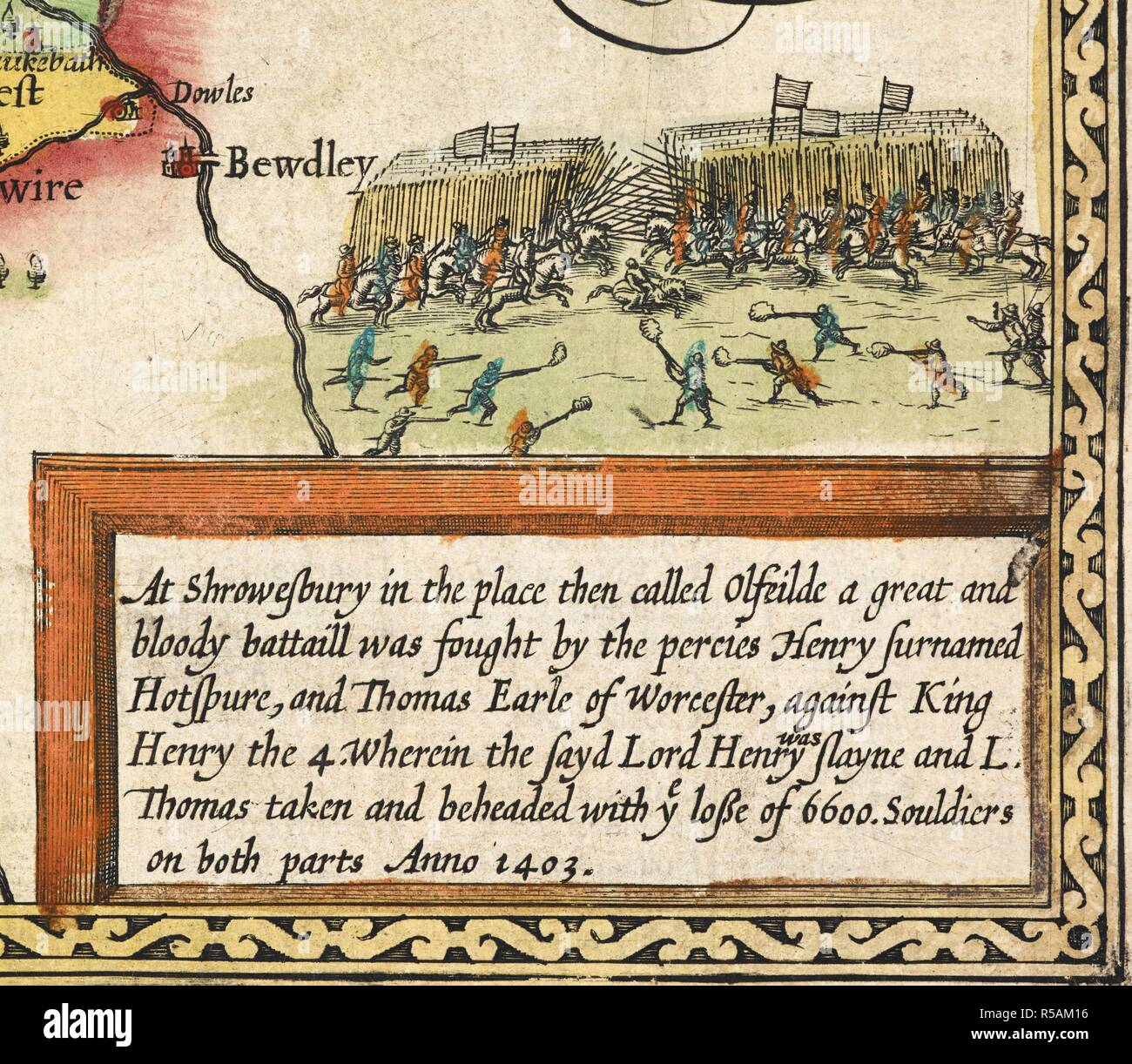 Dettaglio: La Battaglia di Shrewsbury, 1403. Shropshyre descritto. Il sittuation di Shrowesbury riferì con la armes di thos earles e altre cose memorabili osservato: Roger Montgomery - John Talbot.Eseguita da Giovanni velocità. (Shrowesbury.). Theatrum Imperii Magnae Britanniae; ... Opus nuper quidem aÌ€ Iohanne SpeÌdo ... nunc vero aÌ Philemone Hollando ... latinitate donatum. pp. 146. Londra : I. Sudbury et G. umile, 1616. Fonte: maps.C.7.c.20.(2), pagina 72 dettaglio. Foto Stock