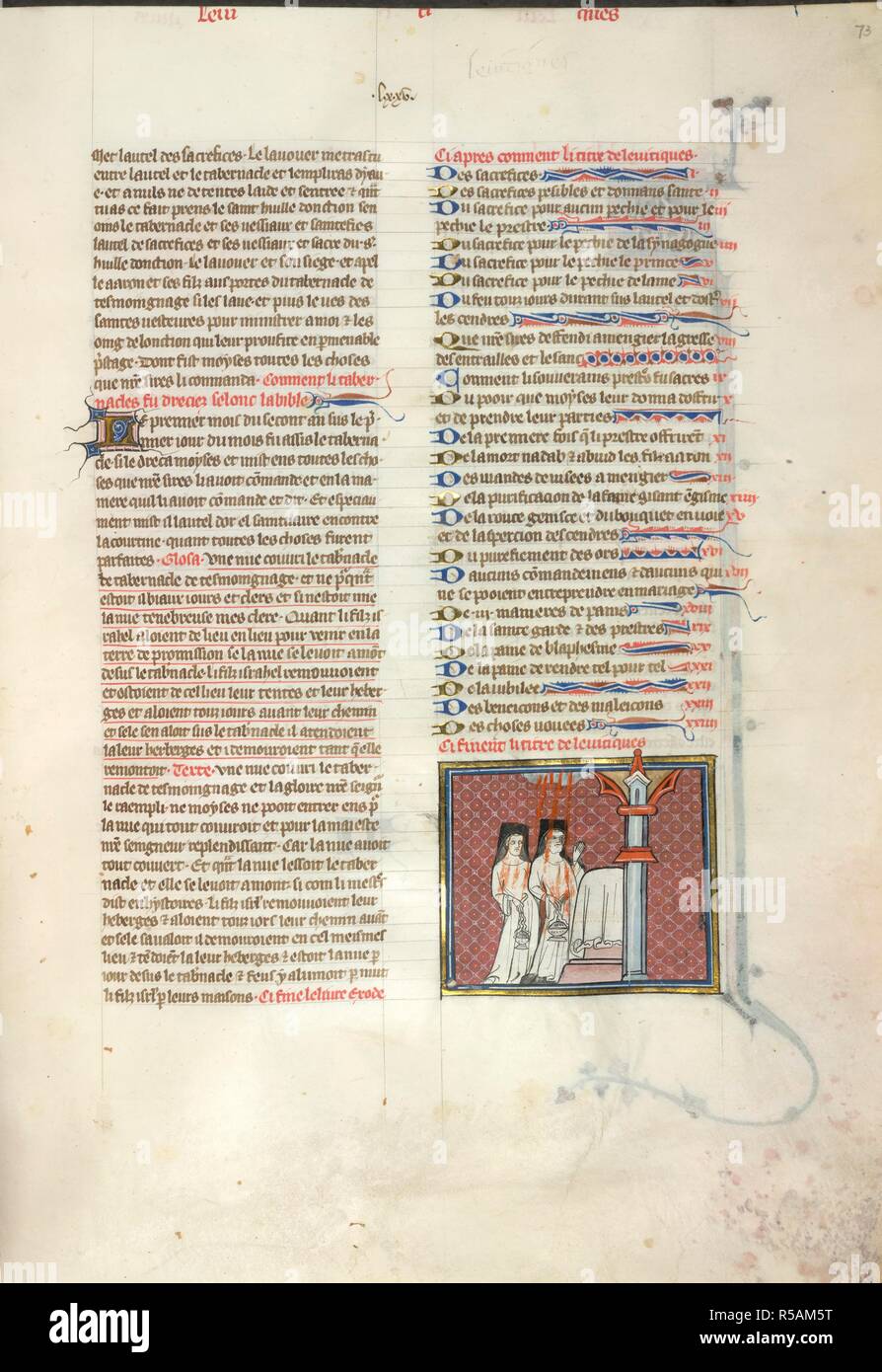 Miniaturizzato con due sacerdoti, Nadab e Abiu. La Bibbia Historiale, prima parte (Genesis-Maccabees). Francia, Centrale (Parigi); c. 1320-1340. Fonte: Yates Thompson 20, f.73. Lingua: Francese. Autore: COMESTOR, PETRUS. Foto Stock
