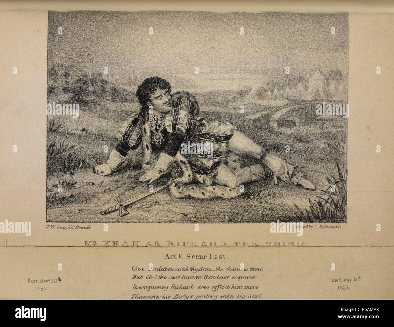 Il Sig. Kean come Richard il terzo. La vita di E. K. [da B. W. Procter.]. Londra, 1835. Illustrazione che mostra Edmund Kean (c.1789-1833), l'attore interpreta la parte di Richard il terzo, in scena l'ultimo atto della V del gioco da William Shakespeare. Immagine presa dalla vita di E. K. [da B. W. Procter.]. Originariamente pubblicato/prodotto in London, 1835. . Fonte: 10825.bb.1. Lingua: Inglese. Foto Stock