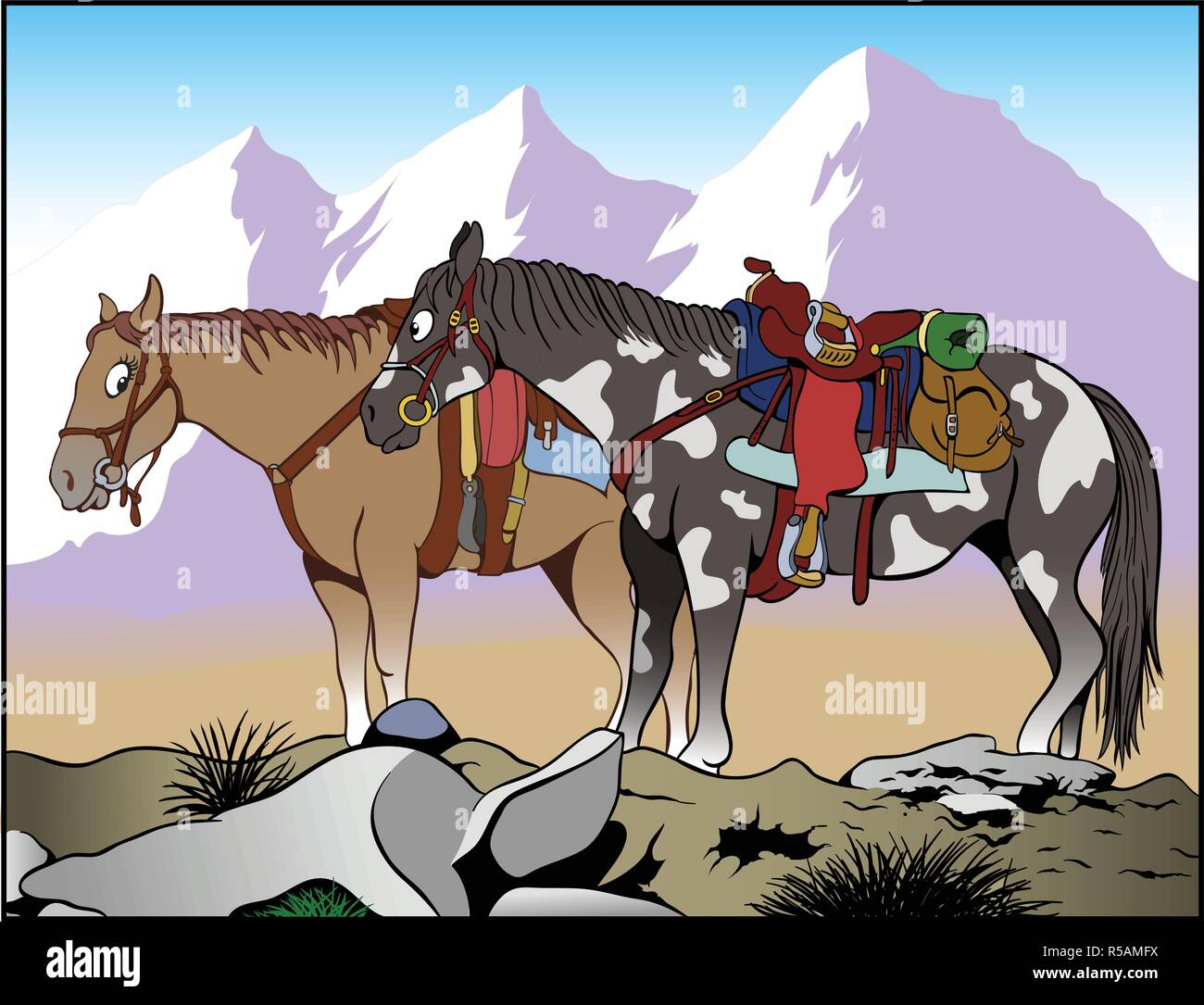 Cartoon illustrazione due lontano ovest cavalli guardando ogni altro e sorridente montagne sullo sfondo Illustrazione Vettoriale