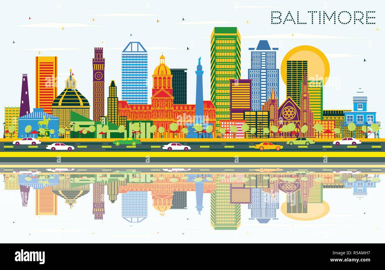 Baltimore, Maryland skyline della città con edifici di colore, cielo blu e riflessi. Illustrazione Vettoriale. Viaggi di affari e turismo Concept. Illustrazione Vettoriale