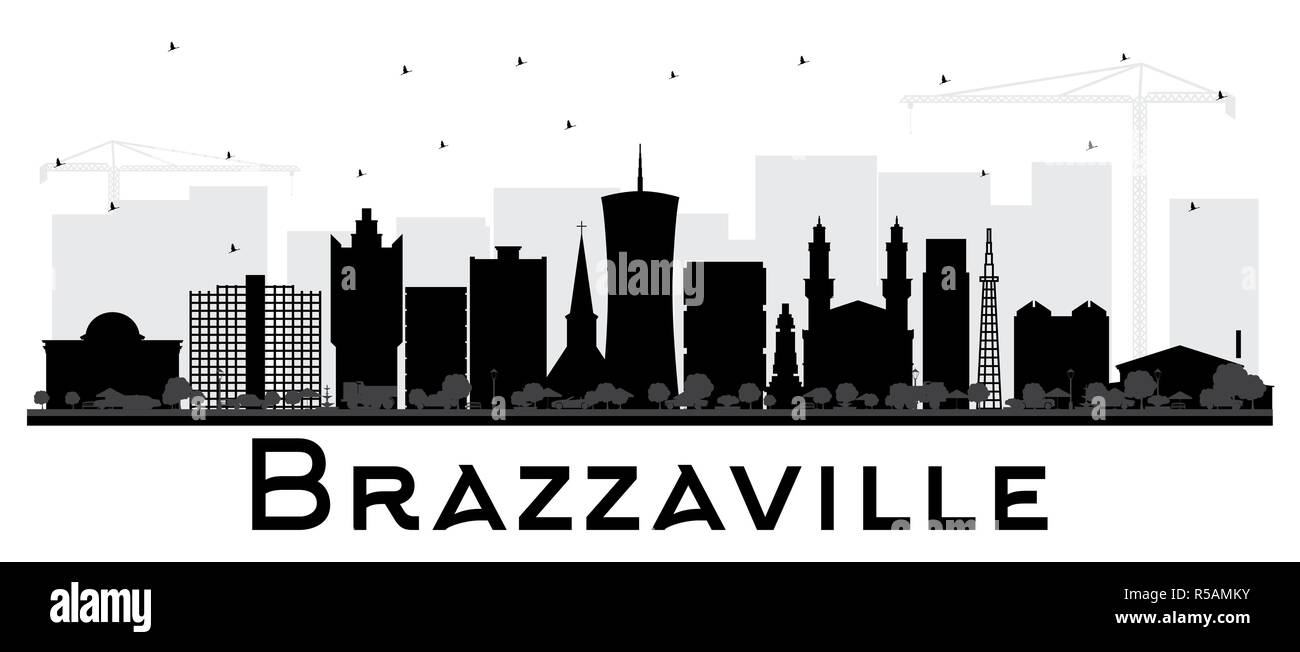Brazzaville Repubblica del Congo skyline della città silhouette nera con edifici isolati su bianco. Illustrazione Vettoriale. Illustrazione Vettoriale