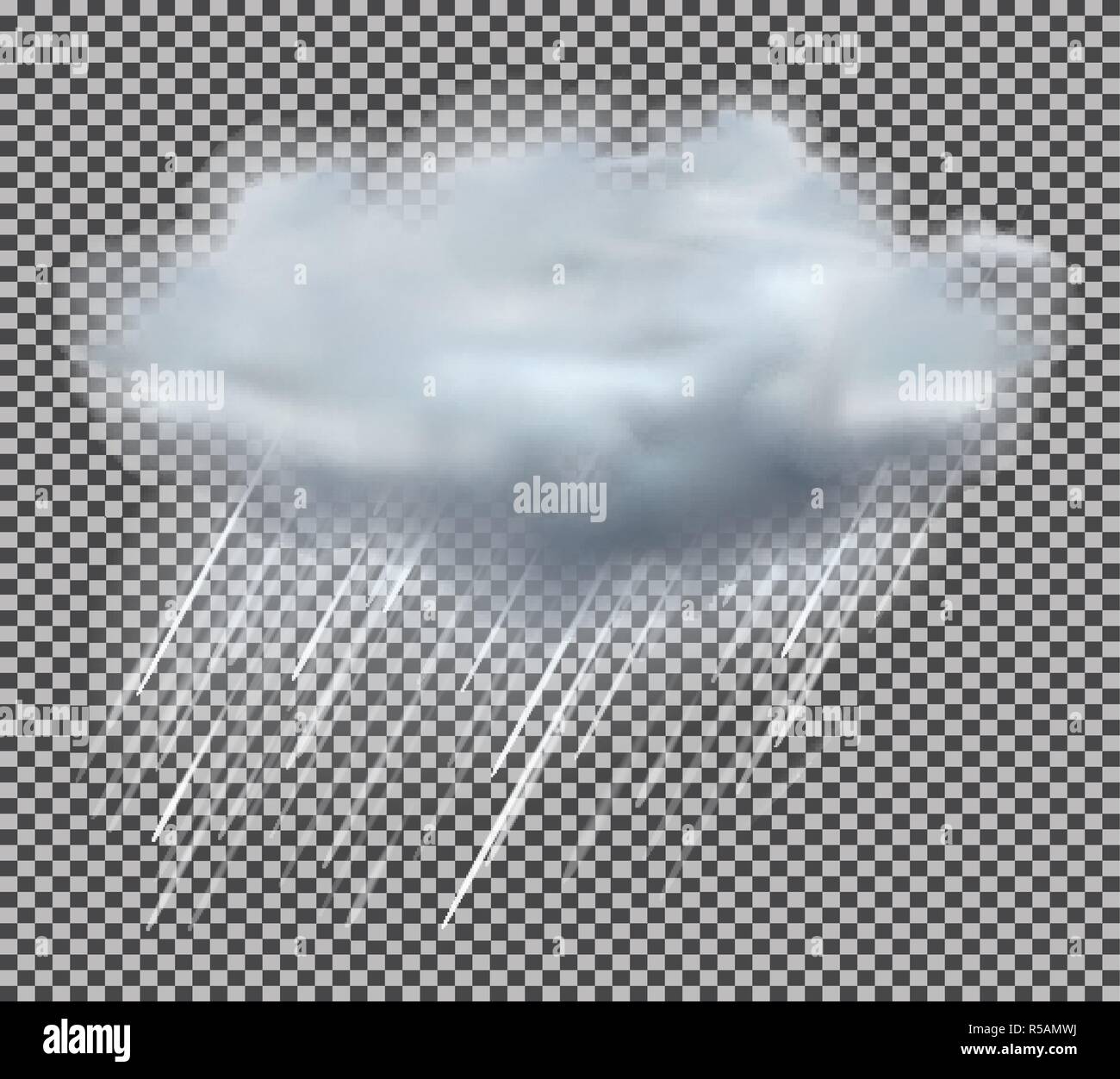 Il Cloud e gocce di pioggia su sfondo trasparente. Illustrazione Vettoriale. Effetto nuvoloso per Meteo prodotto. Illustrazione Vettoriale