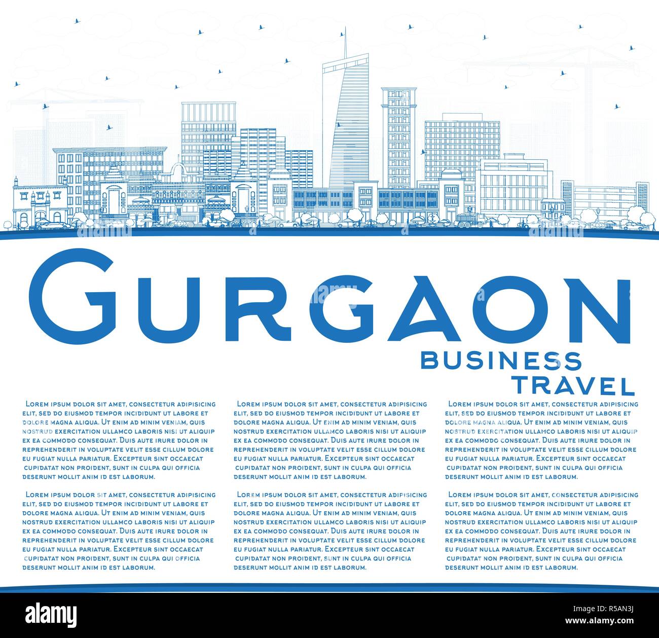 Delineare Gurgaon India skyline della città con edifici blu e copia di spazio. Illustrazione Vettoriale. Illustrazione Vettoriale