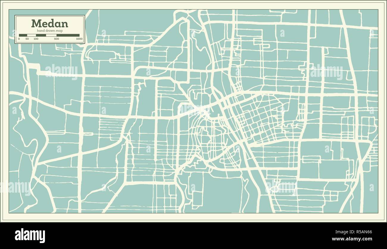 Medan Indonesia Mappa della città in stile retrò. Mappa di contorno. Illustrazione Vettoriale. Illustrazione Vettoriale