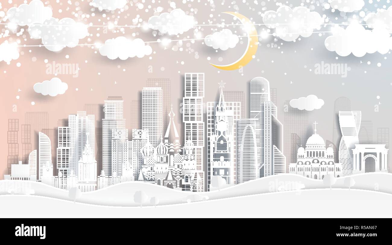 Mosca Russia Skyline di carta tagliato con stile con i fiocchi di neve, luna e Neon Garland. Illustrazione Vettoriale. Natale e Anno Nuovo concetto. Illustrazione Vettoriale