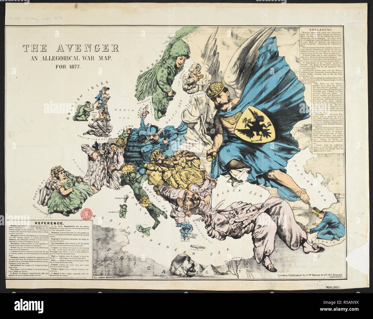 Un cartoon politico con testo esplicativo in inglese e tedesco. Il vendicatore : un'allegorica war map per 1877. Londra : G.W. Bacon & Co., 1877. Fonte: Mappe 1035.(302). Lingua: Inglese e Tedesco. Autore: Rose, Frederick W. Foto Stock