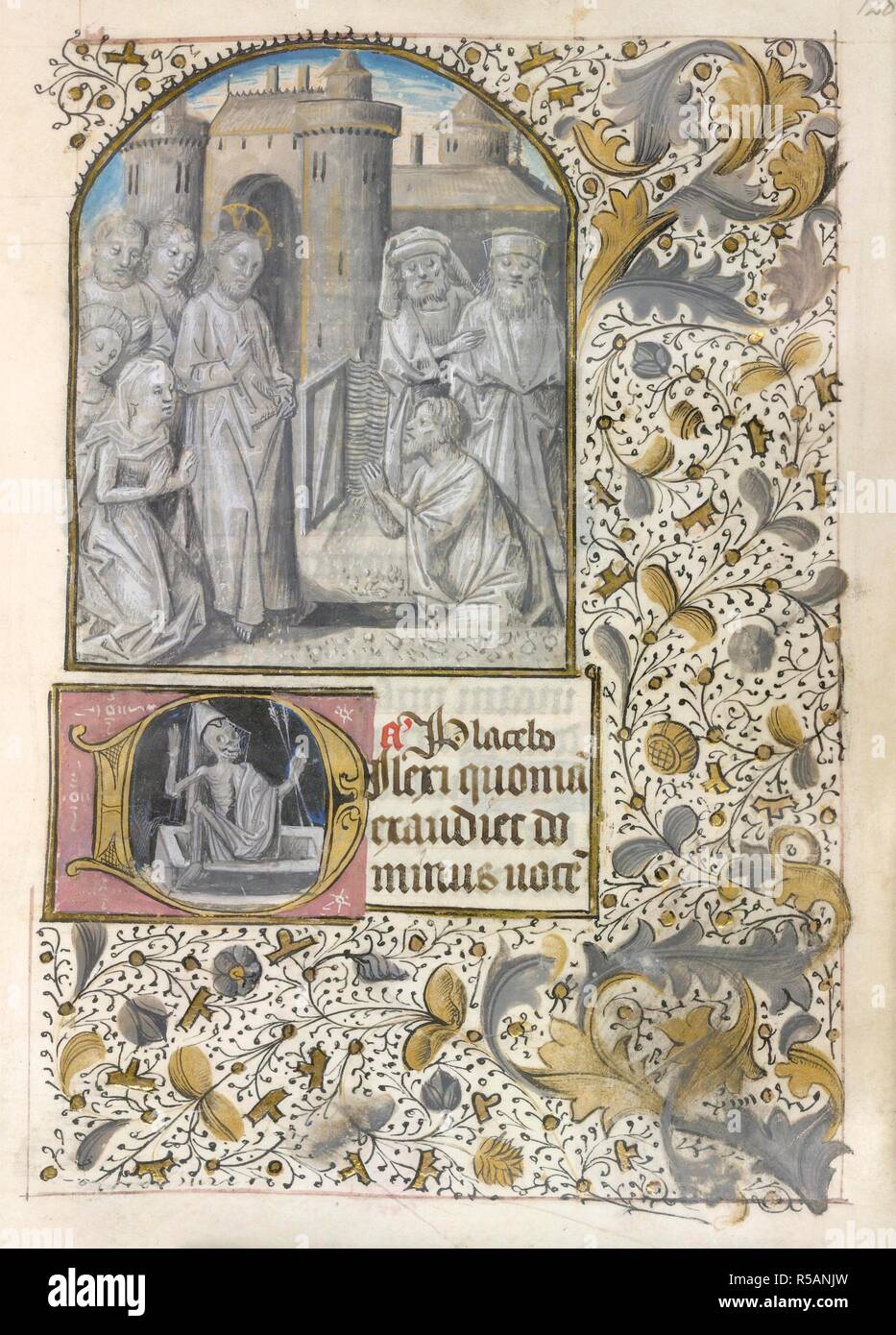 Resurrezione di Lazzaro. Libro d Ore. Francia; xv secolo. [Intero folio] Office per i defunti nella Liturgia dei Vespri. Cristo si erge, con Maria e Marta inginocchiato accanto a lui, come Lazzaro emerge dalla tomba. Salmi 114 inizio con iniziale 'D', scheletrico figura passando da una tomba. Le frontiere della decorazione foliate immagine presa dal Libro delle ore. Originariamente pubblicato/prodotti in Francia; xv secolo. . Fonte: Aggiungi. 19738, f.128. Lingue: Latina. Foto Stock