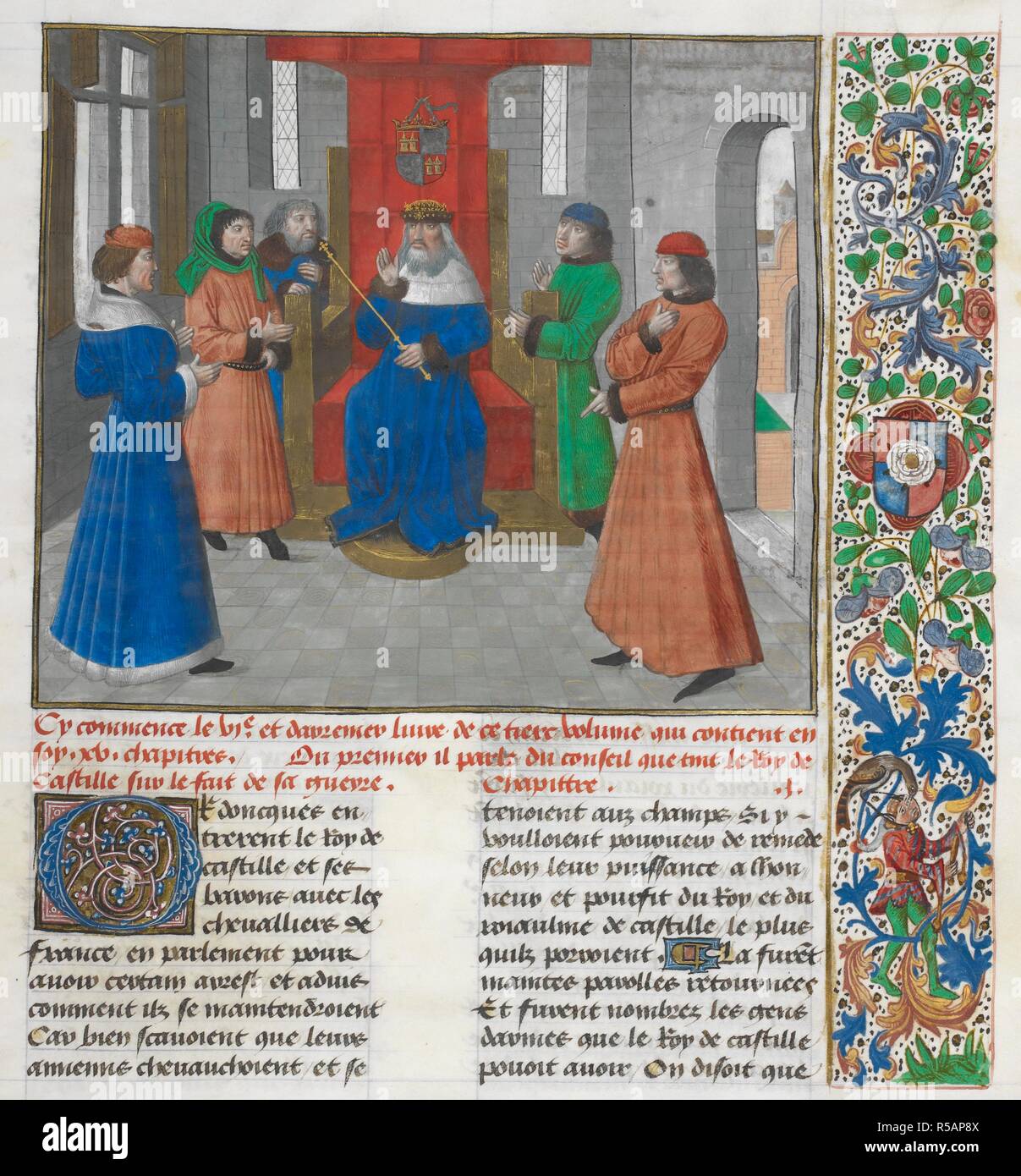 Il Consiglio di Re Giovanni di Castiglia. Cortigiani di presenze. Le iniziali in oro su blu e rosa con motivi penwork decorazione in bianco. Bordo floreale. Anciennes et nouvelles chroniques d'Angleterre (noto anche come Recueil des croniques dâ€™Engleterre). Francia, N. E. (Lille?) e Paesi Bassi, S. (Bruges) Data c. 1470- c. 1480. Fonte: Royal 14 E. IV, f.299. Lingua: Francese. Autore: JEAN DI WAVRIN. Maestro di Vienna e di Copenaghen Toison dâ€™o, Master delle iscrizioni bianco, Master di Edward. Foto Stock