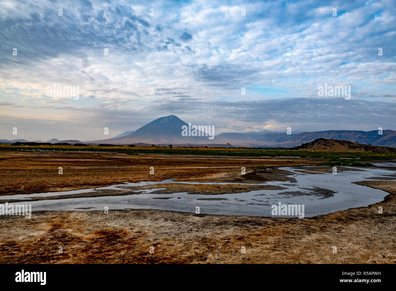 La "montagna di Dio" (lingua Masai Ol Doinyo Lengai) vulcano attivo sulla sponda meridionale del Lago Natron nella zona di Arusha del nord della Tanzania Foto Stock