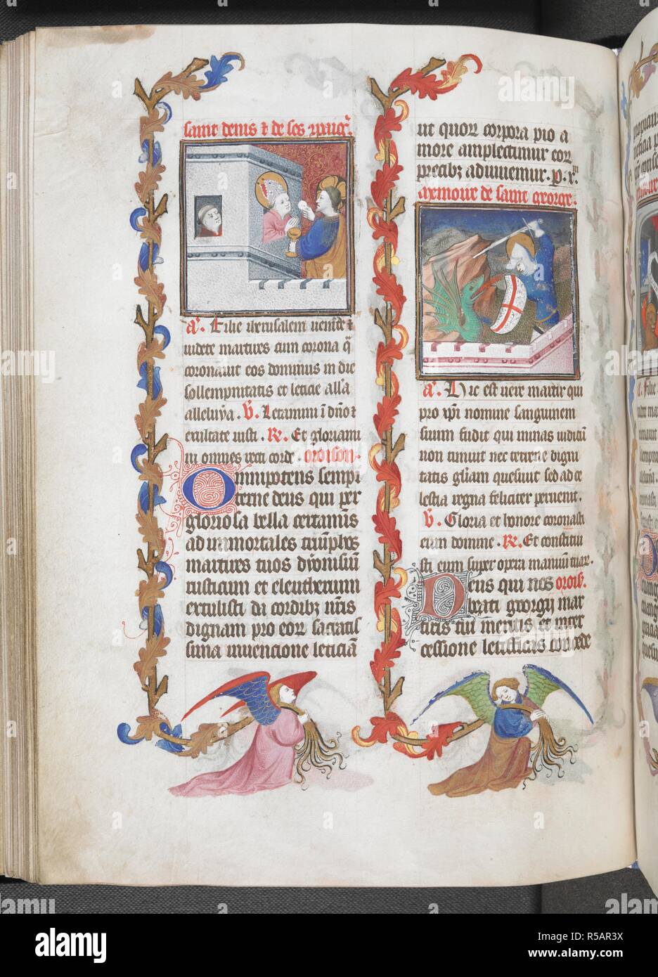 Denis (sinistra) e George (a destra), con parziale frontiere foliate portata dagli angeli. Libro d Ore, uso di Parigi ("Ore di RenÃ© d'Anjou'). Francia, Centrale (Parigi); c.1410. Fonte: Egerton 1070, f.90v. Lingue: Latina, il calendario e le rubriche in francese. Foto Stock