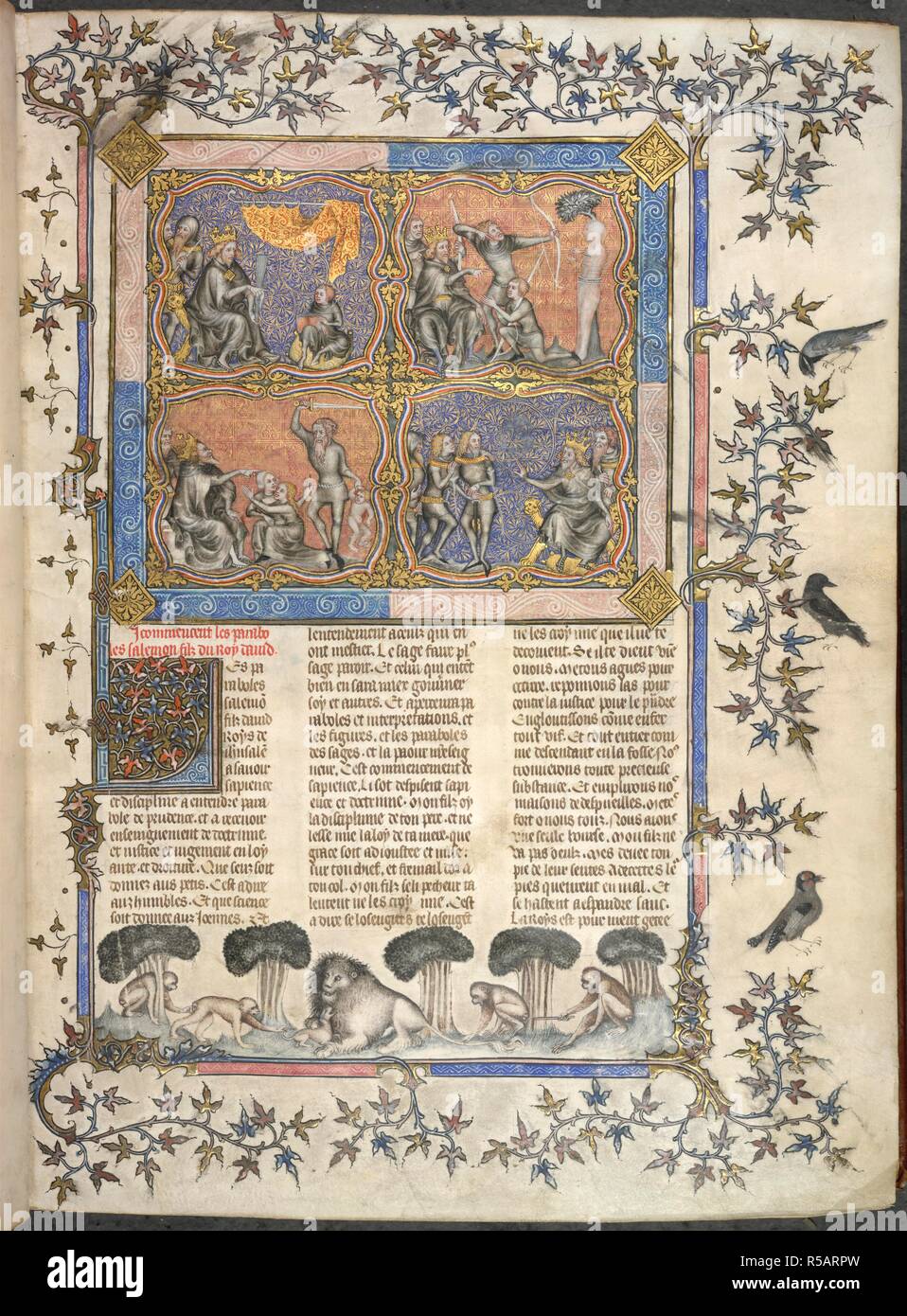 La saggezza di Salomone. La Bibbia Historiale. Francia; 1357. (Intero  folio) in alto a sinistra, Salomone, con betulla, incarica Roboamo; in  basso a sinistra, Salomone si assesta la rivendicazione dei due supposti