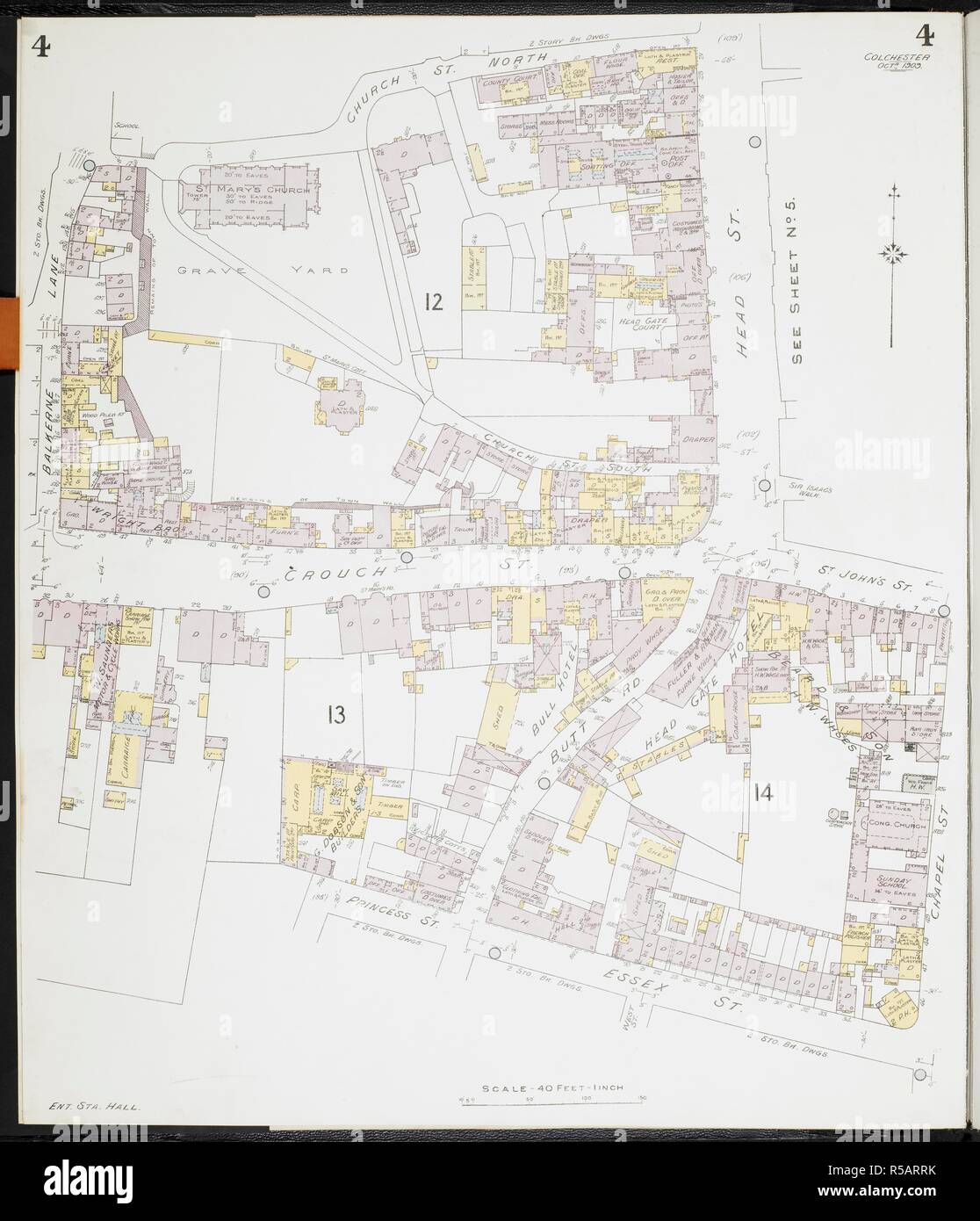 Mappa di Colchester, Essex. Colchester, Essex) : [incendio piani di assicurazione]. Londra : Chas. E. Pungolo Limited, 1909. 63x54cm.; Scala [1:480]. 40ft = 1 pollici. Fonte: Mappe 149.b.29.(2) foglio 4. Foto Stock