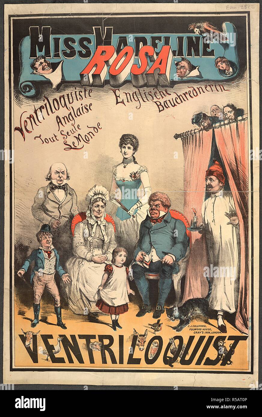 Miss Madeline Rosa. Una collezione di opuscoli da locandine, e la miscella. Londra, 1883. Un poster per una performance da Miss Madeline Rosa, ventriloquo. Immagine presa da una raccolta di opuscoli da locandine e stampati vari in materia di intrattenimento in stile vittoriano e la vita di tutti i giorni. Originariamente pubblicato/prodotto in London, 1883. . Fonte: Evan.2582,. Lingua: Inglese. Foto Stock